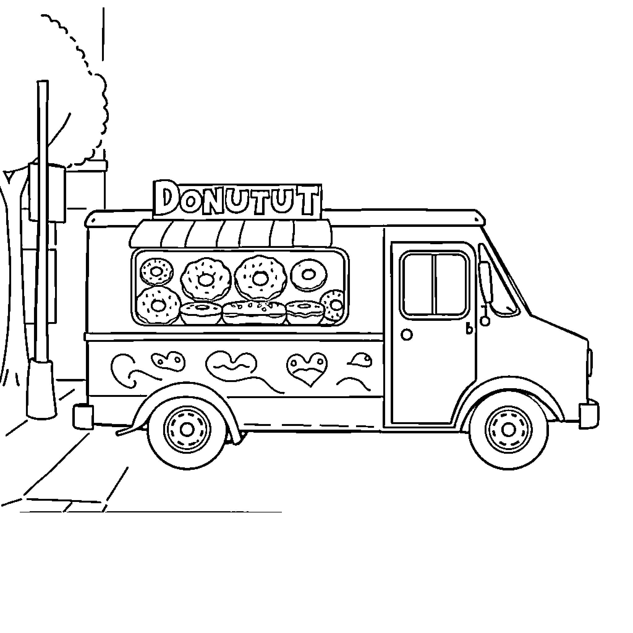Donut Truck selling delicious treats on the street Coloring Page (free black-and-white line drawing printable PDF for all, from beginners to advanced learners, including children, teens, adults, and seniors)