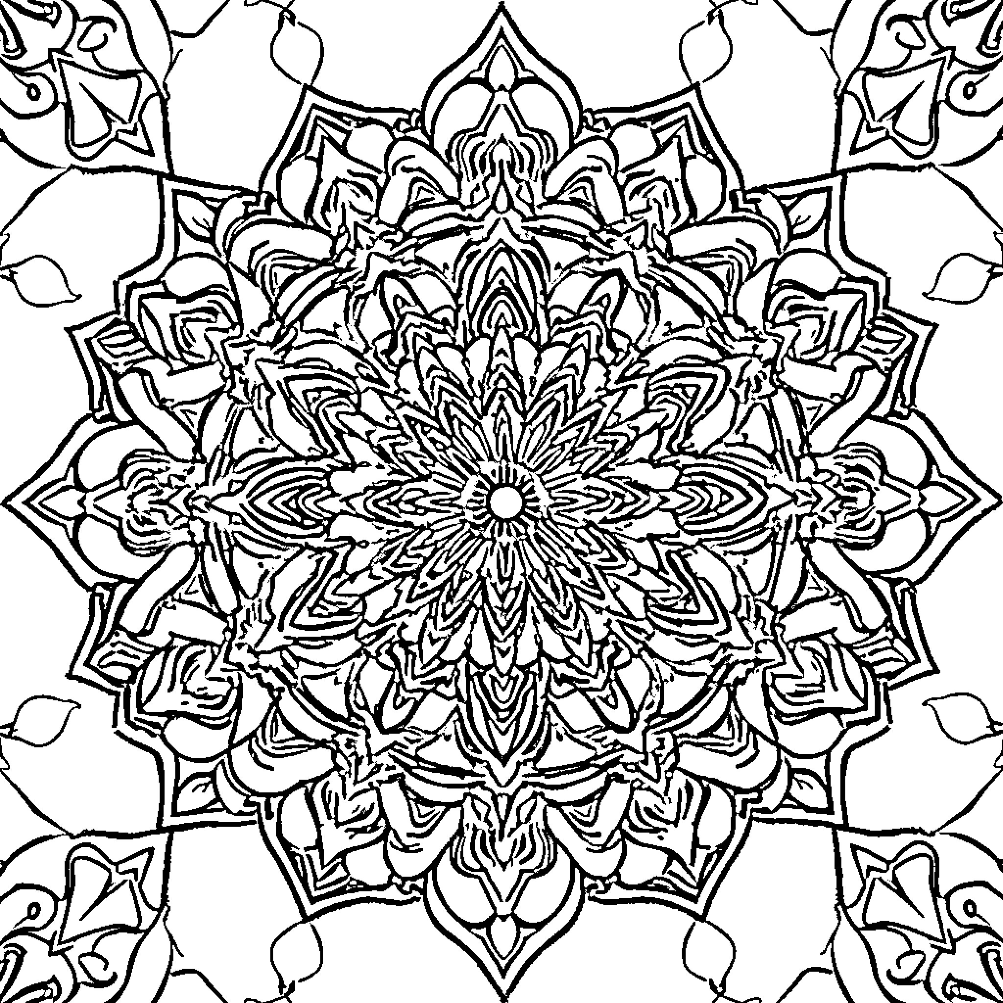 Mandala of intricate floral patterns and symmetry Coloring Page (free black-and-white line drawing printable PDF for all, from beginners to advanced learners, including children, teens, adults, and seniors)