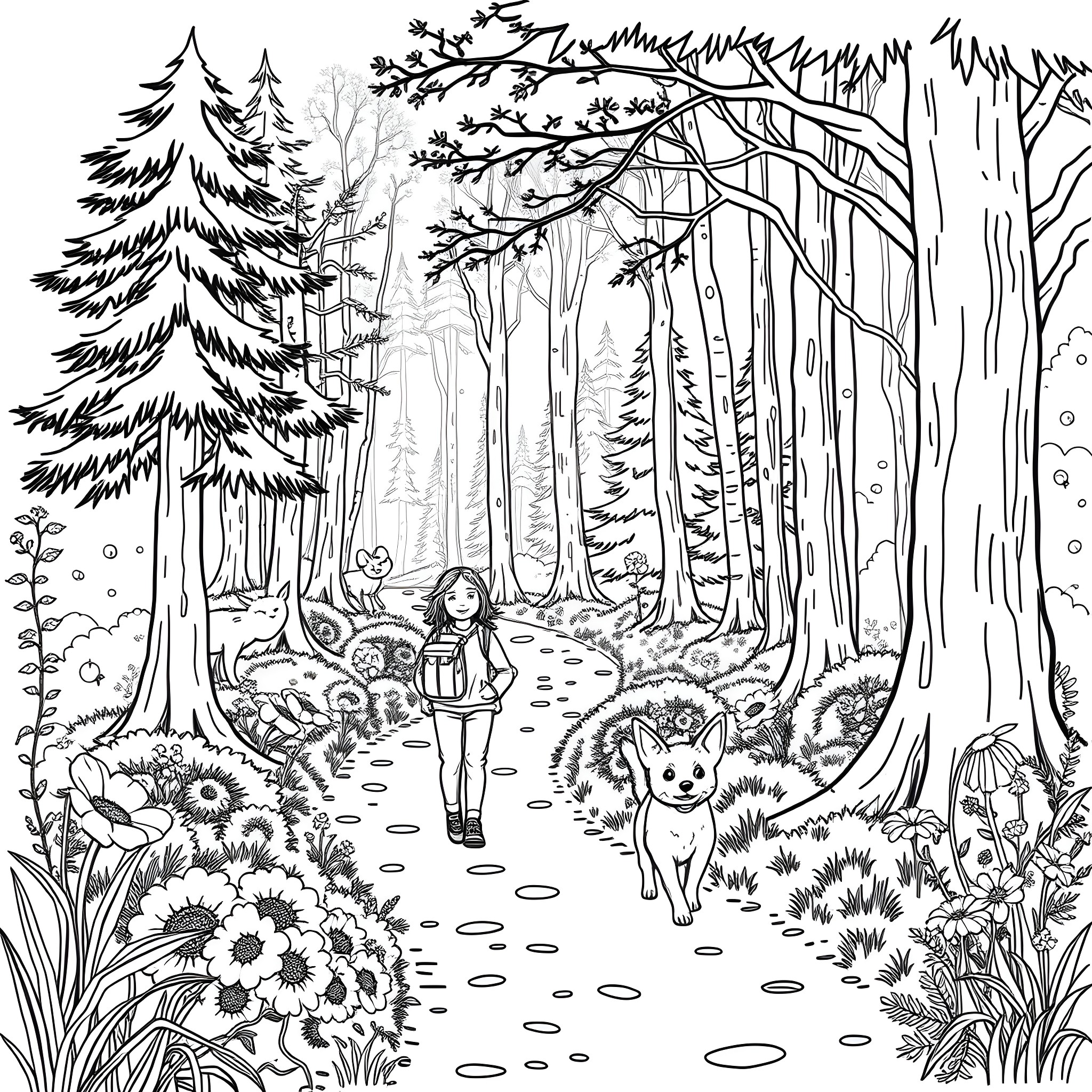 Person exploring the enchanting woodland scene with wildlife Coloring Page (free black-and-white line drawing printable PDF for all, from beginners to advanced learners, including children, teens, adults, and seniors)