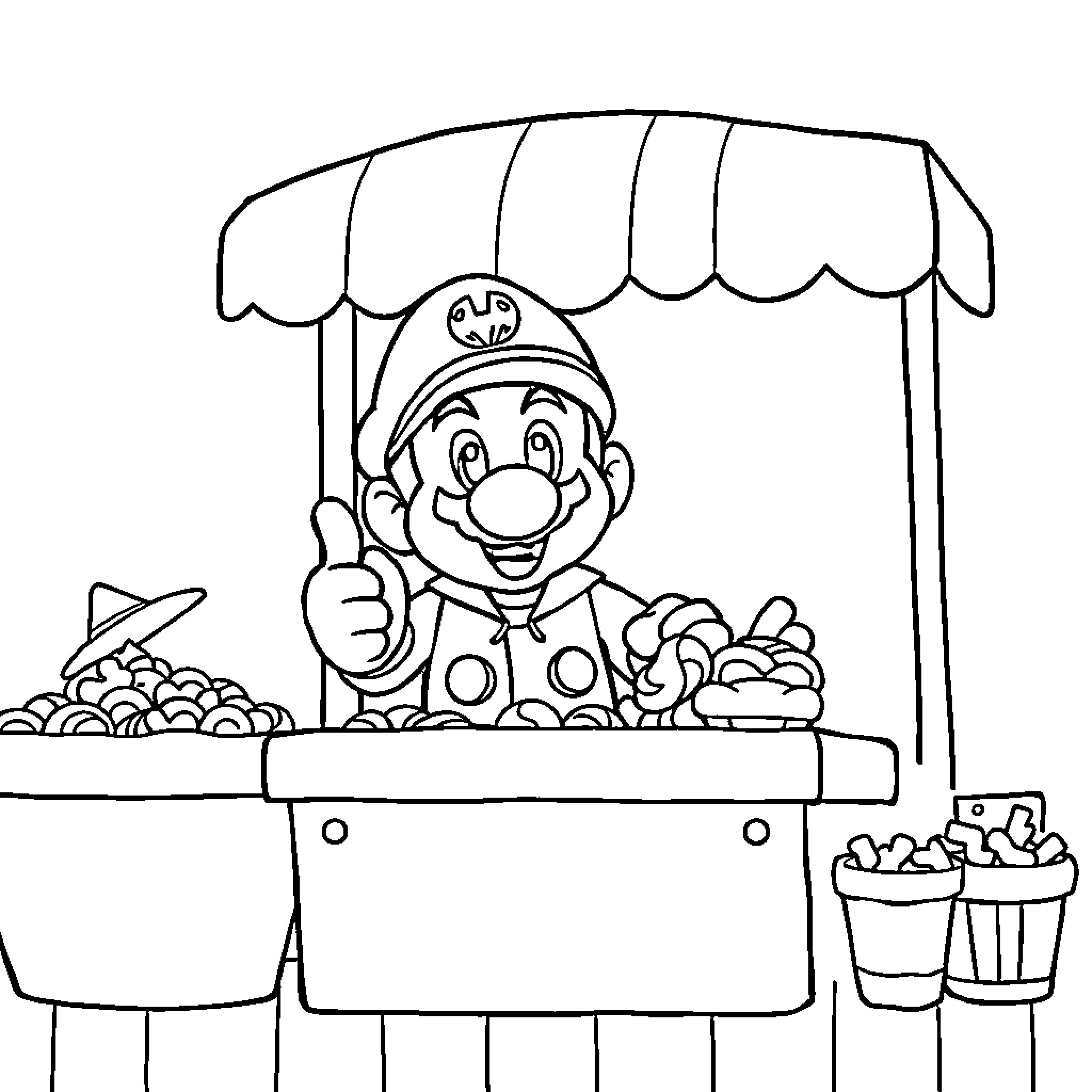Mario operating a concession stand with different food items Coloring Page (free black-and-white line drawing printable PDF for all, from beginners to advanced learners, including children, teens, adults, and seniors)