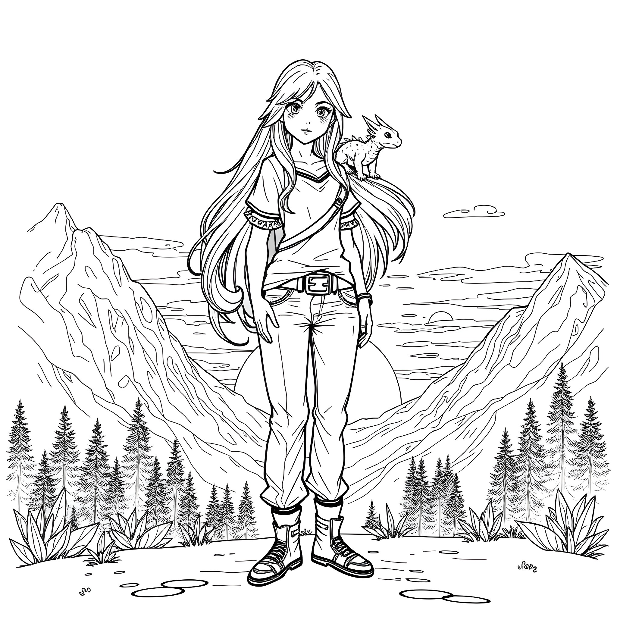 Girl explores the mountain landscape with her animal companion Coloring Page (free black-and-white line drawing printable PDF for all, from beginners to advanced learners, including children, teens, adults, and seniors)