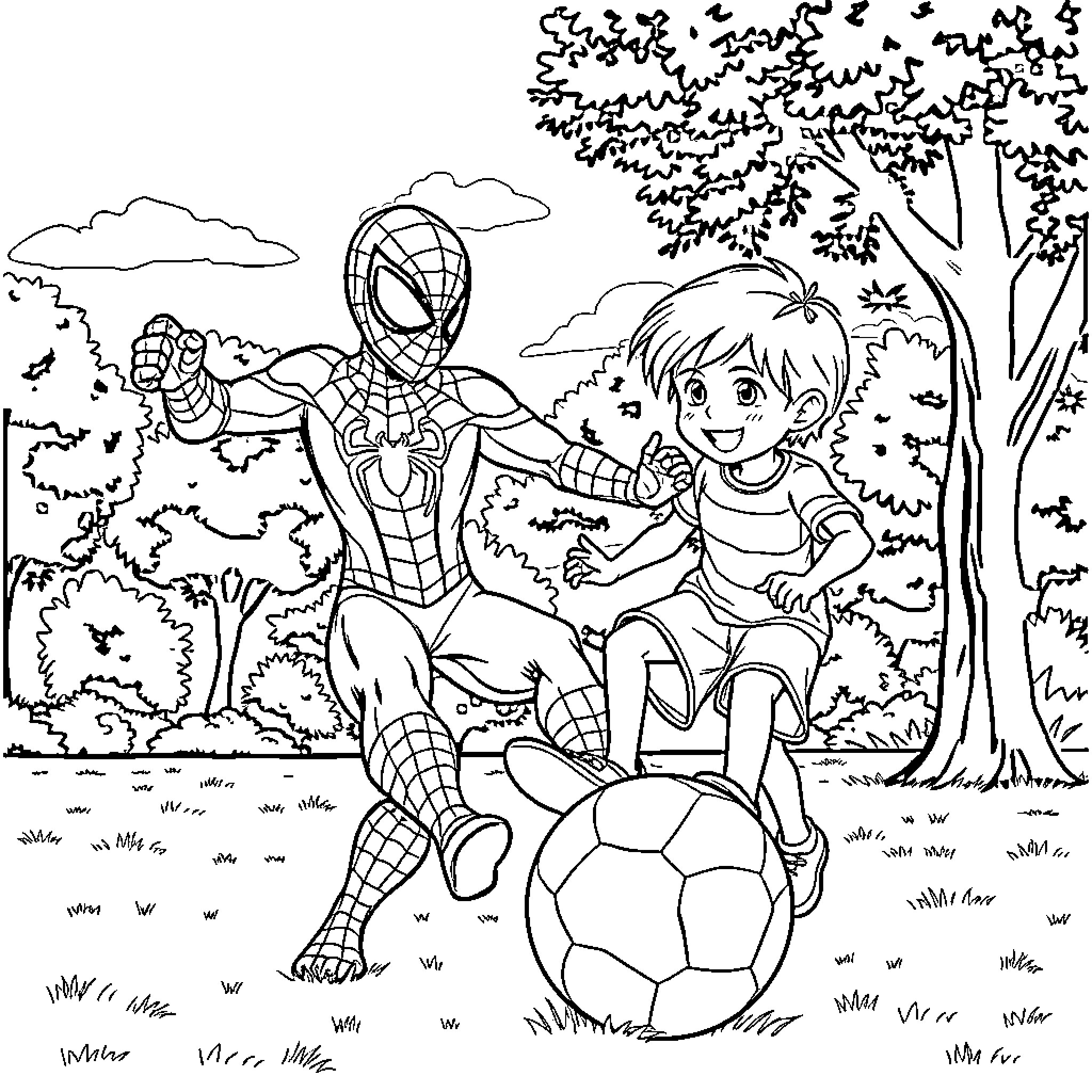 Spiderman playing soccer with a young boy in the park Coloring Page (free black-and-white line drawing printable PDF for all, from beginners to advanced learners, including children, teens, adults, and seniors)