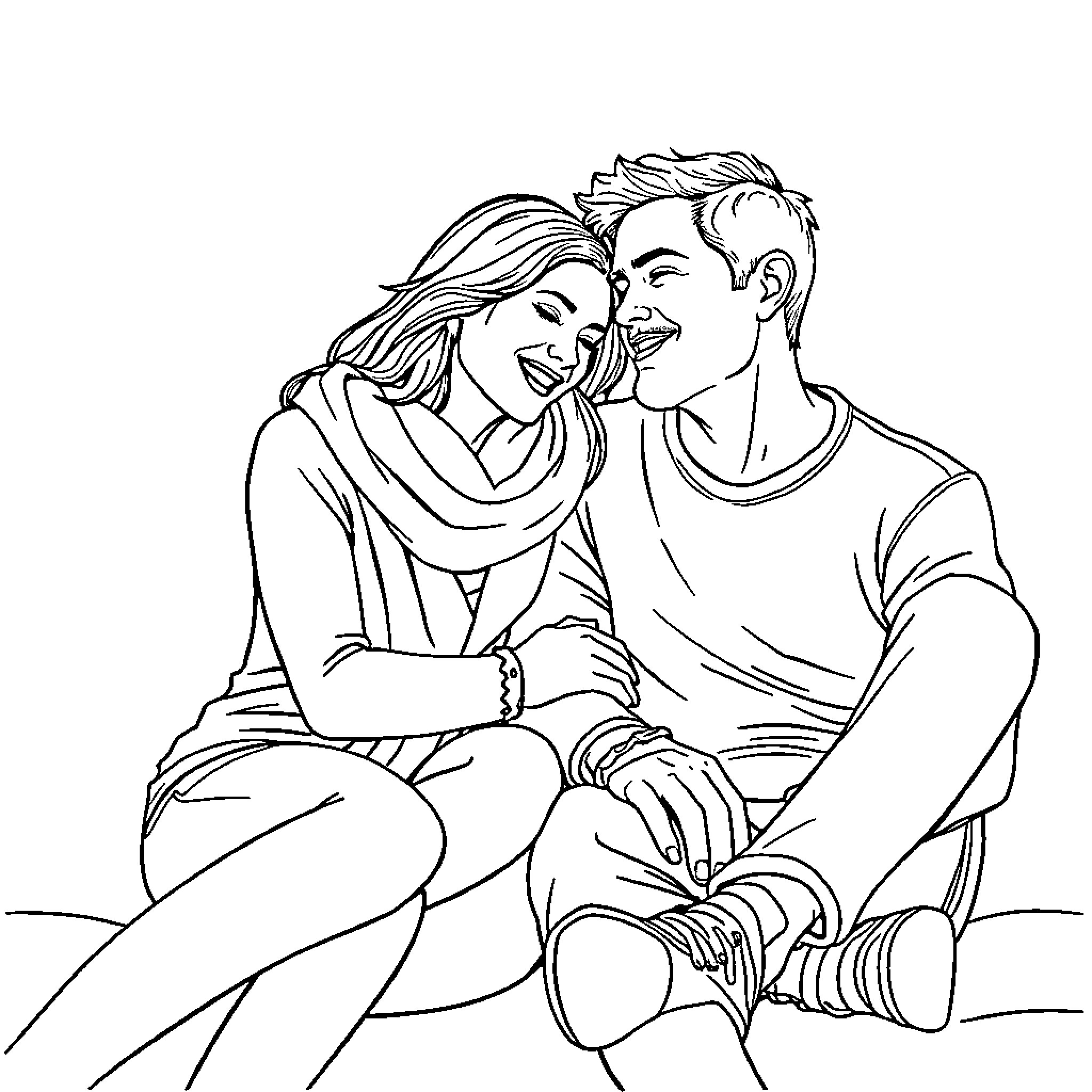Man and Woman Embracing and Smiling Coloring Page (free black-and-white line drawing printable PDF for all, from beginners to advanced learners, including children, teens, adults, and seniors)
