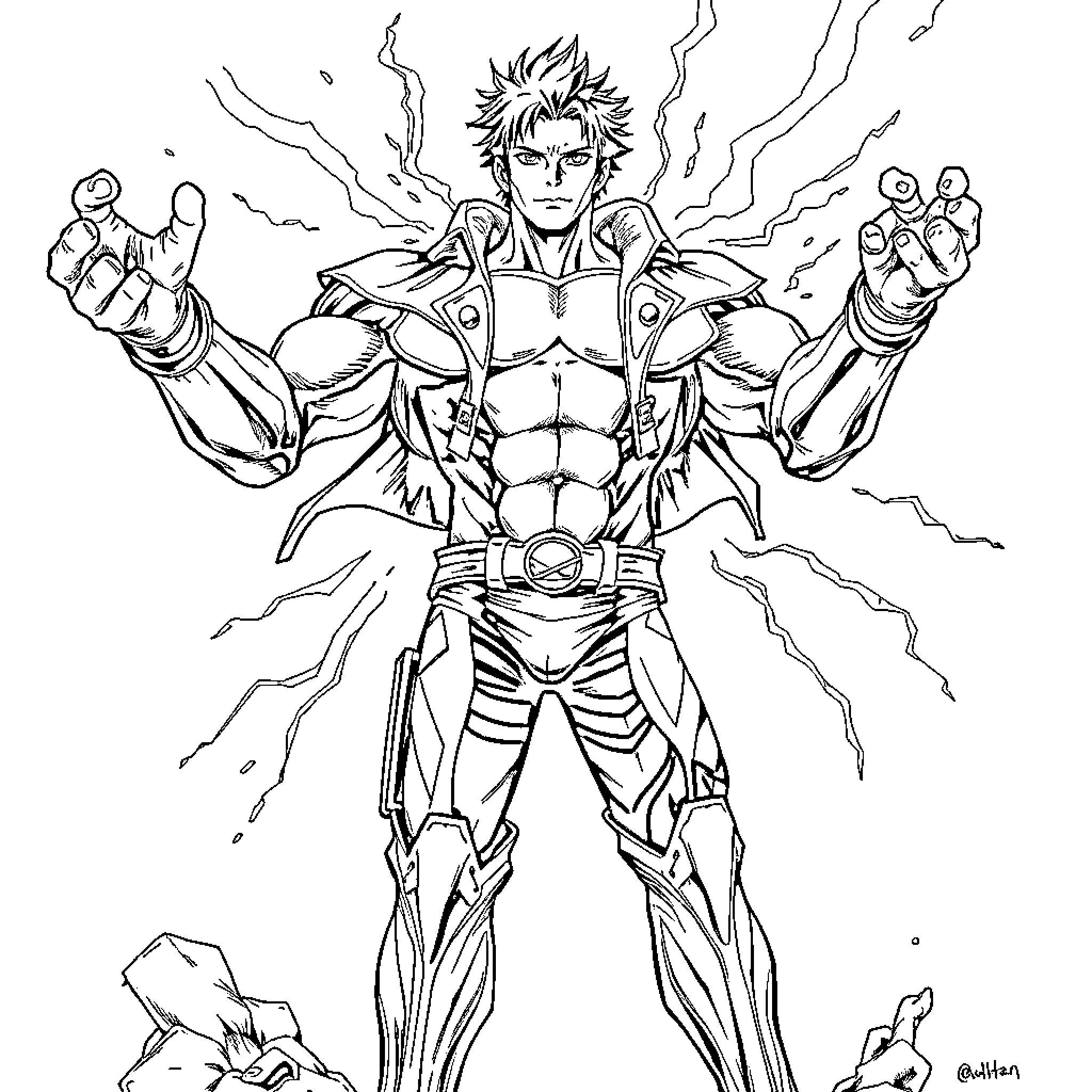 Eren Yeager's powerful transformation and heroic stance Coloring Page (free black-and-white line drawing printable PDF for all, from beginners to advanced learners, including children, teens, adults, and seniors)