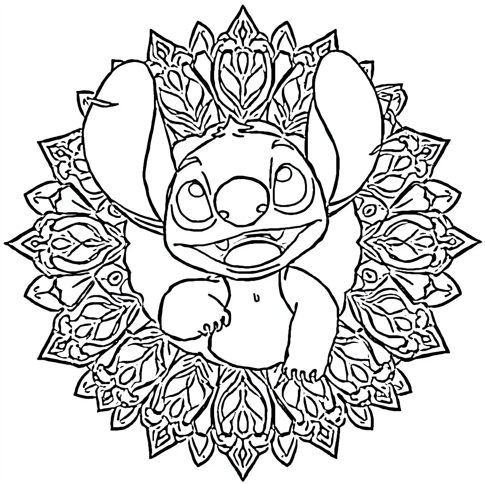 Stitch surrounded by decorative floral patterns Coloring Page (free black-and-white line drawing printable PDF for all, from beginners to advanced learners, including children, teens, adults, and seniors)