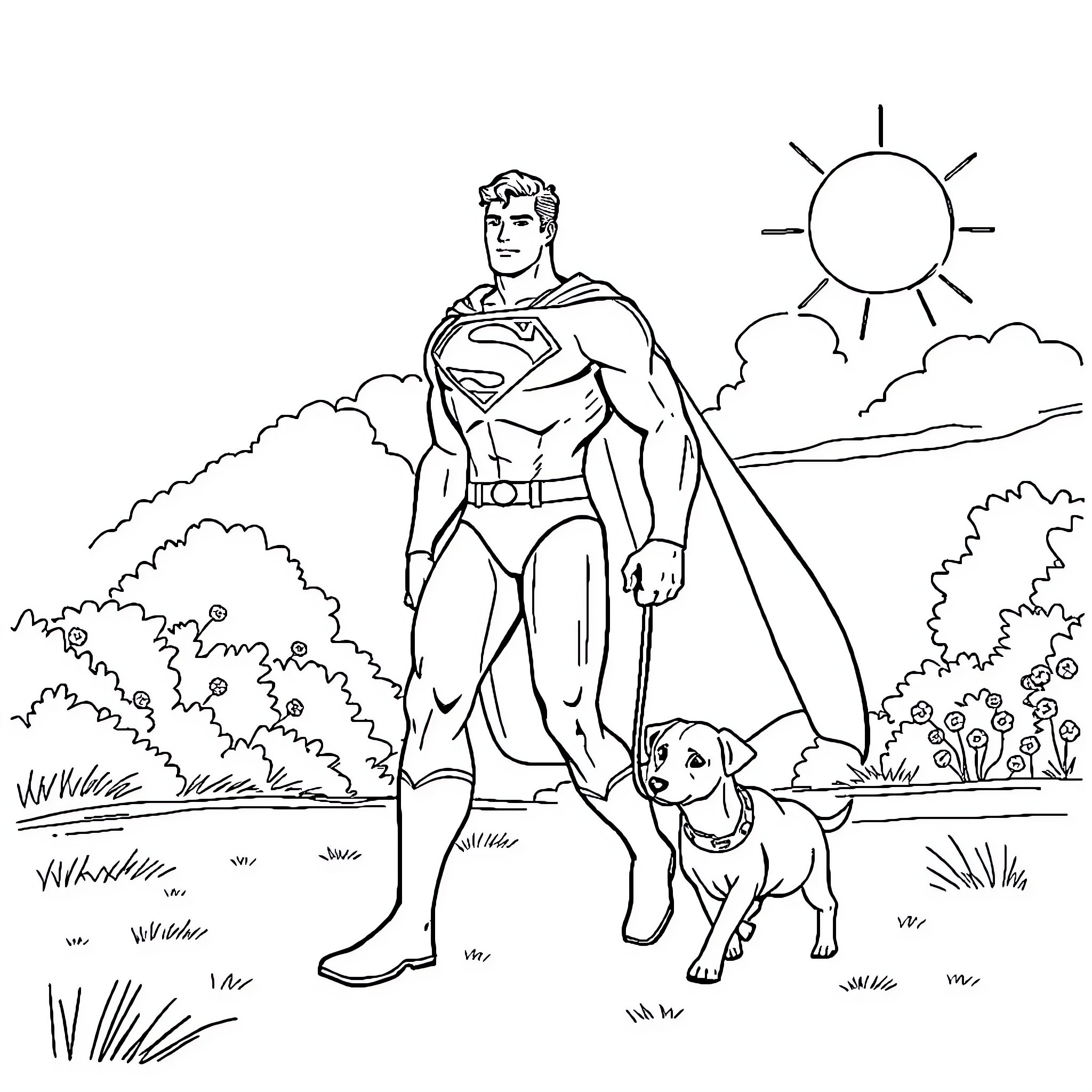Superman heroically standing with a canine companion Coloring Page (free black-and-white line drawing printable PDF for all, from beginners to advanced learners, including children, teens, adults, and seniors)