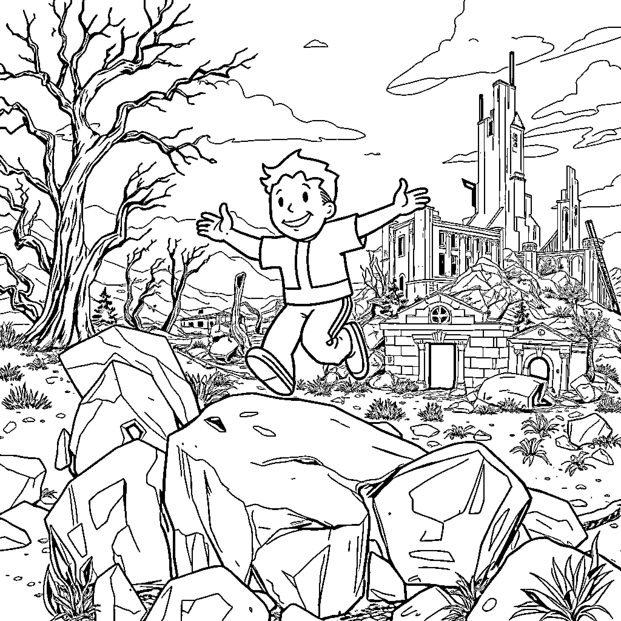 Pip Boy exploring a post-apocalyptic landscape Coloring Page (free black-and-white line drawing printable PDF for all, from beginners to advanced learners, including children, teens, adults, and seniors)