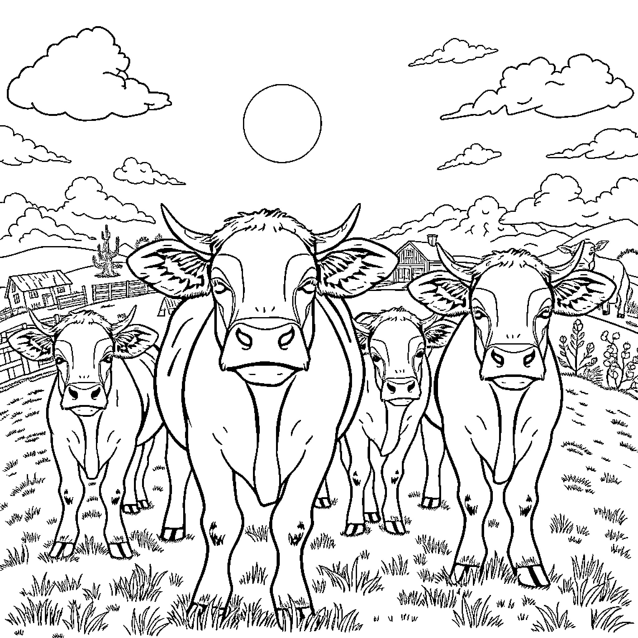 Cow herd grazing in picturesque countryside Coloring Page (free black-and-white line drawing printable PDF for all, from beginners to advanced learners, including children, teens, adults, and seniors)