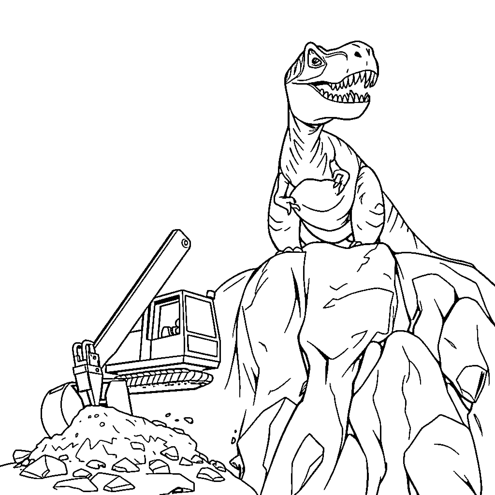 Excavator unearthing a dinosaur fossil in the field Coloring Page (free black-and-white line drawing printable PDF for all, from beginners to advanced learners, including children, teens, adults, and seniors)