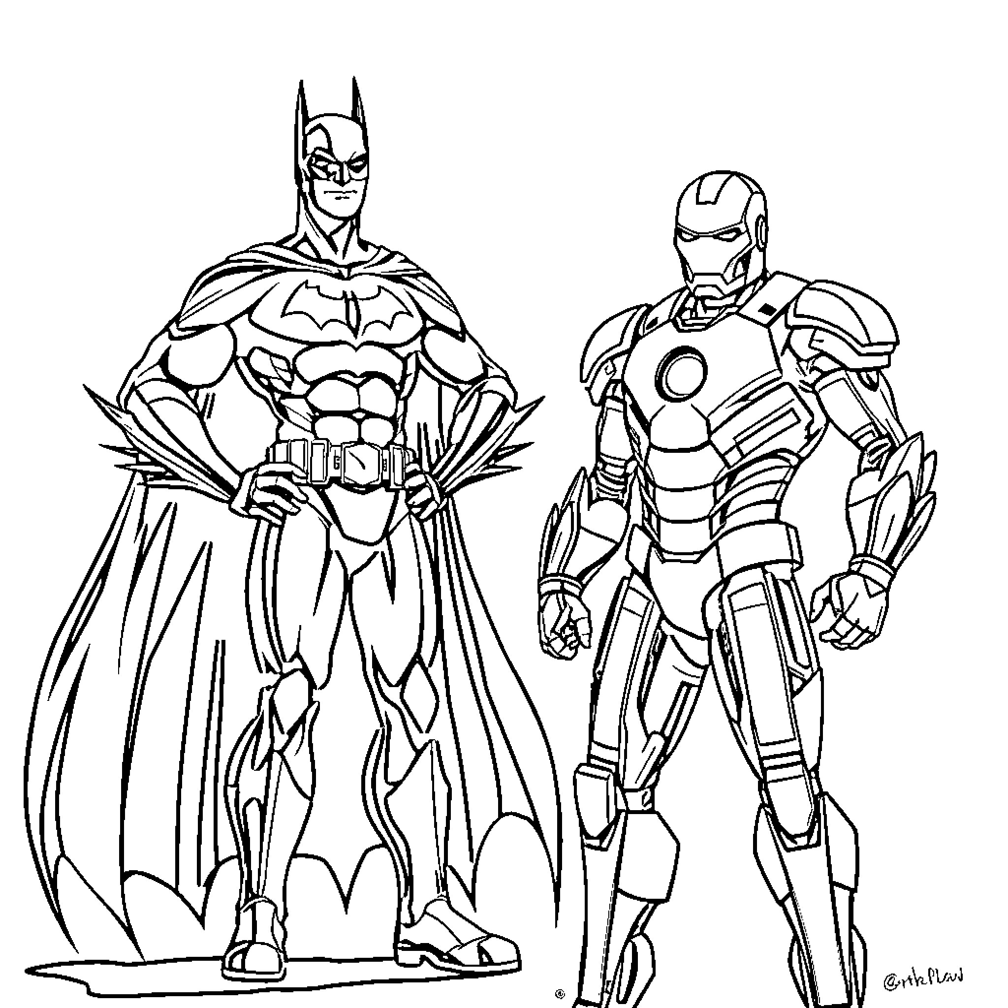 Batman and Iron Man in heroic poses Coloring Page (free black-and-white line drawing printable PDF for all, from beginners to advanced learners, including children, teens, adults, and seniors)