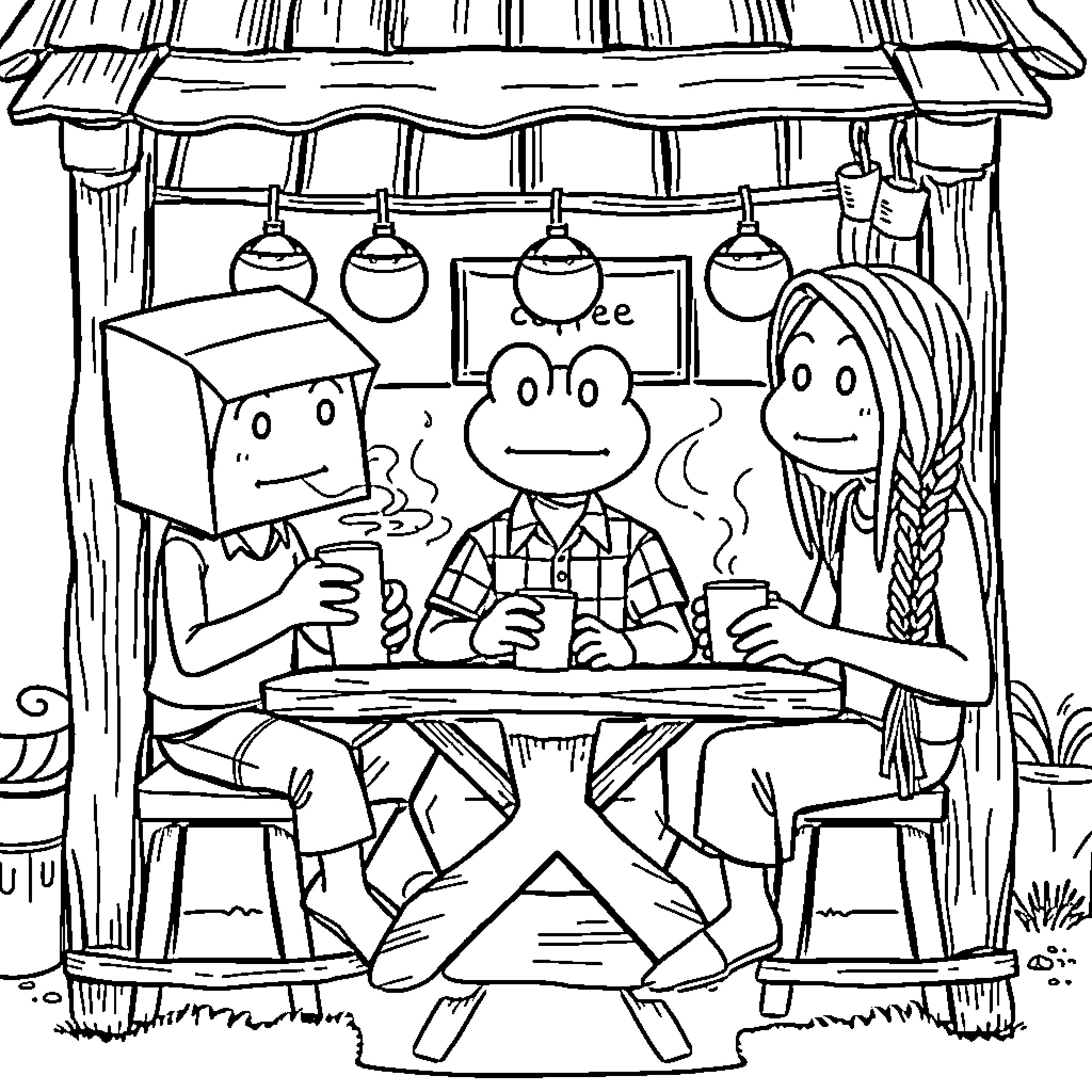 Pepe's Fun Food Stall Coloring Page (free black-and-white line drawing printable PDF for all, from beginners to advanced learners, including children, teens, adults, and seniors)