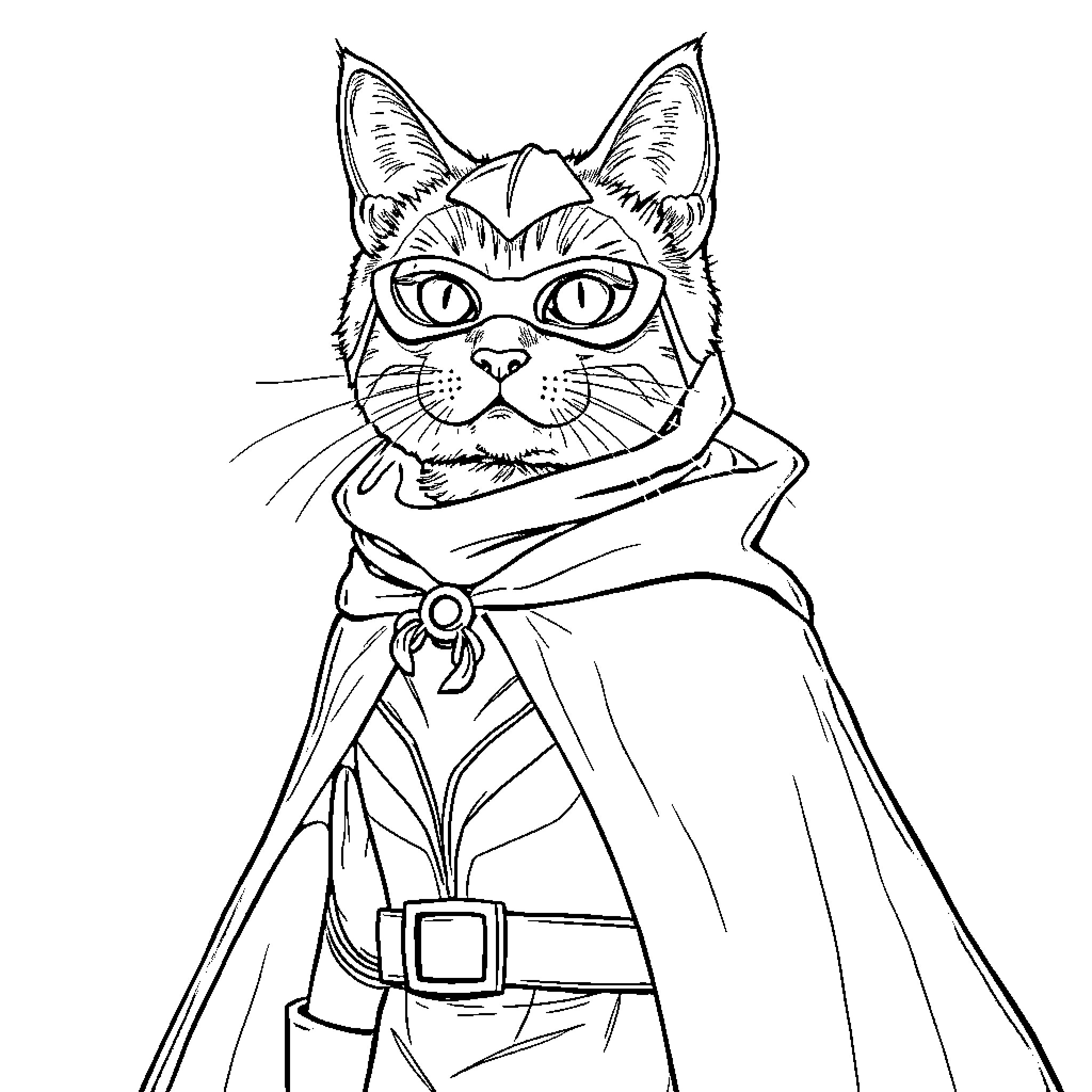 Cat in Superhero Costume Coloring Page (free black-and-white line drawing printable PDF for all, from beginners to advanced learners, including children, teens, adults, and seniors)