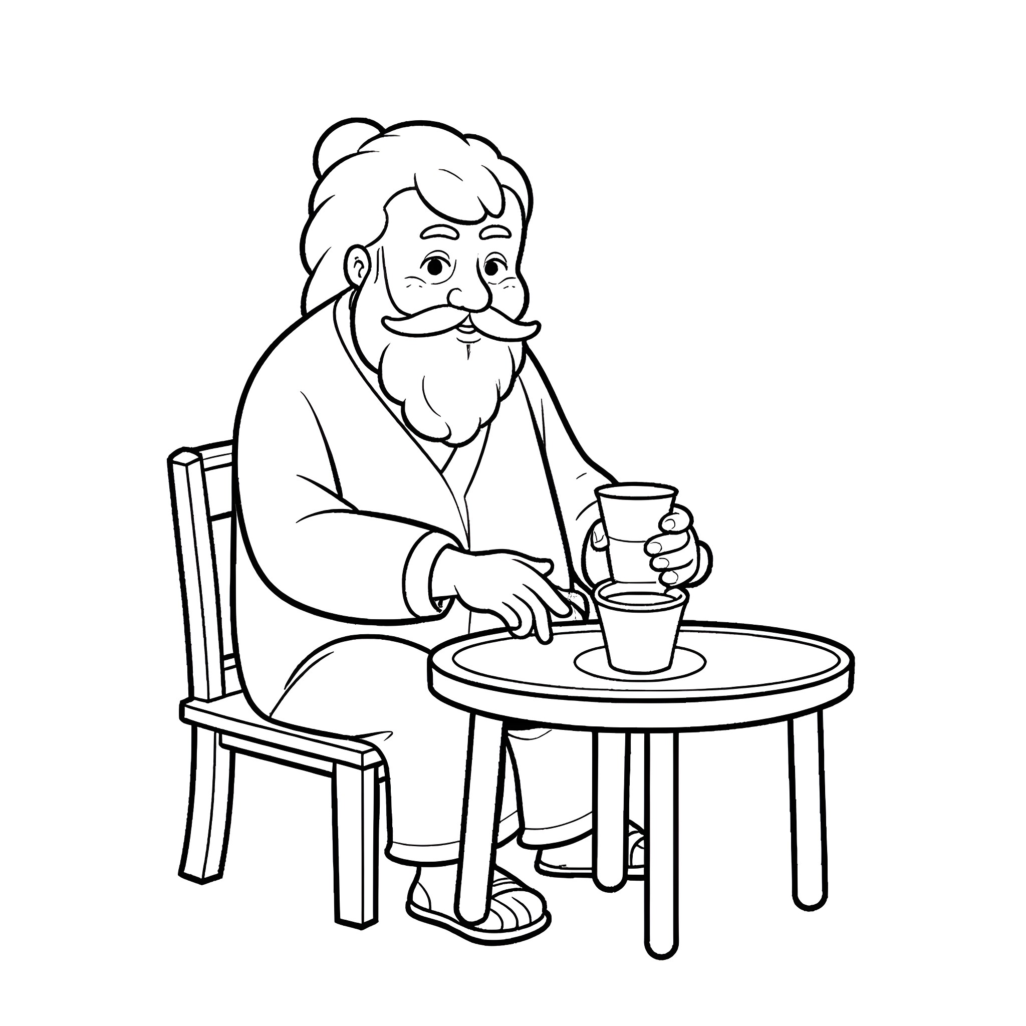 Uncle Iroh enjoying a relaxing tea break Coloring Page (free black-and-white line drawing printable PDF for all, from beginners to advanced learners, including children, teens, adults, and seniors)