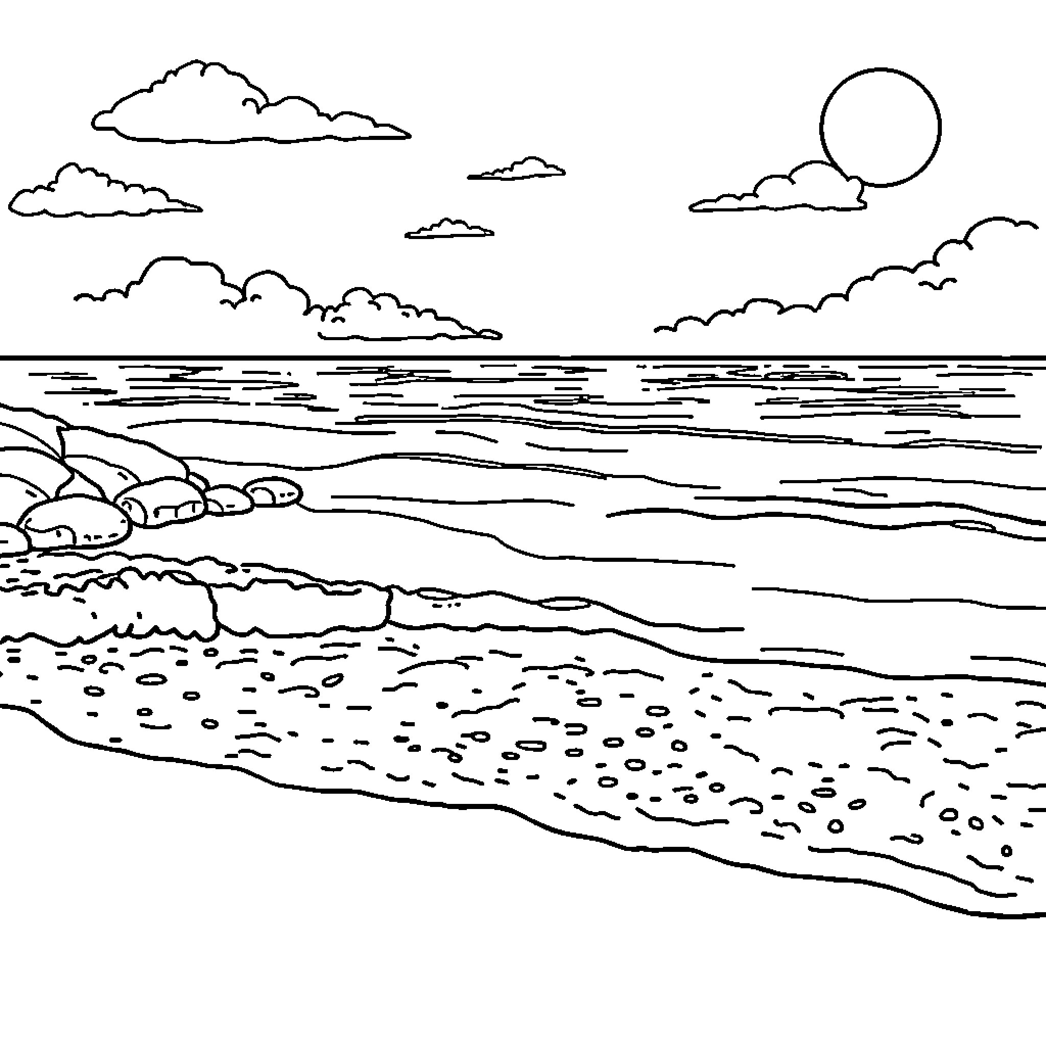 Seaside landscape with clouds and waves Coloring Page (free black-and-white line drawing printable PDF for all, from beginners to advanced learners, including children, teens, adults, and seniors)