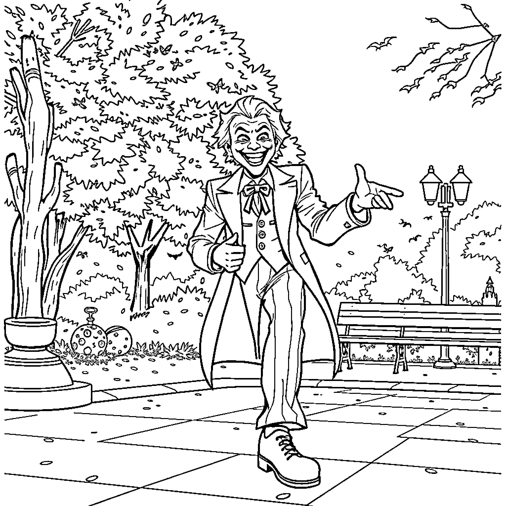 Joker's Whimsical Stroll in the Park Coloring Page (free black-and-white line drawing printable PDF for all, from beginners to advanced learners, including children, teens, adults, and seniors)