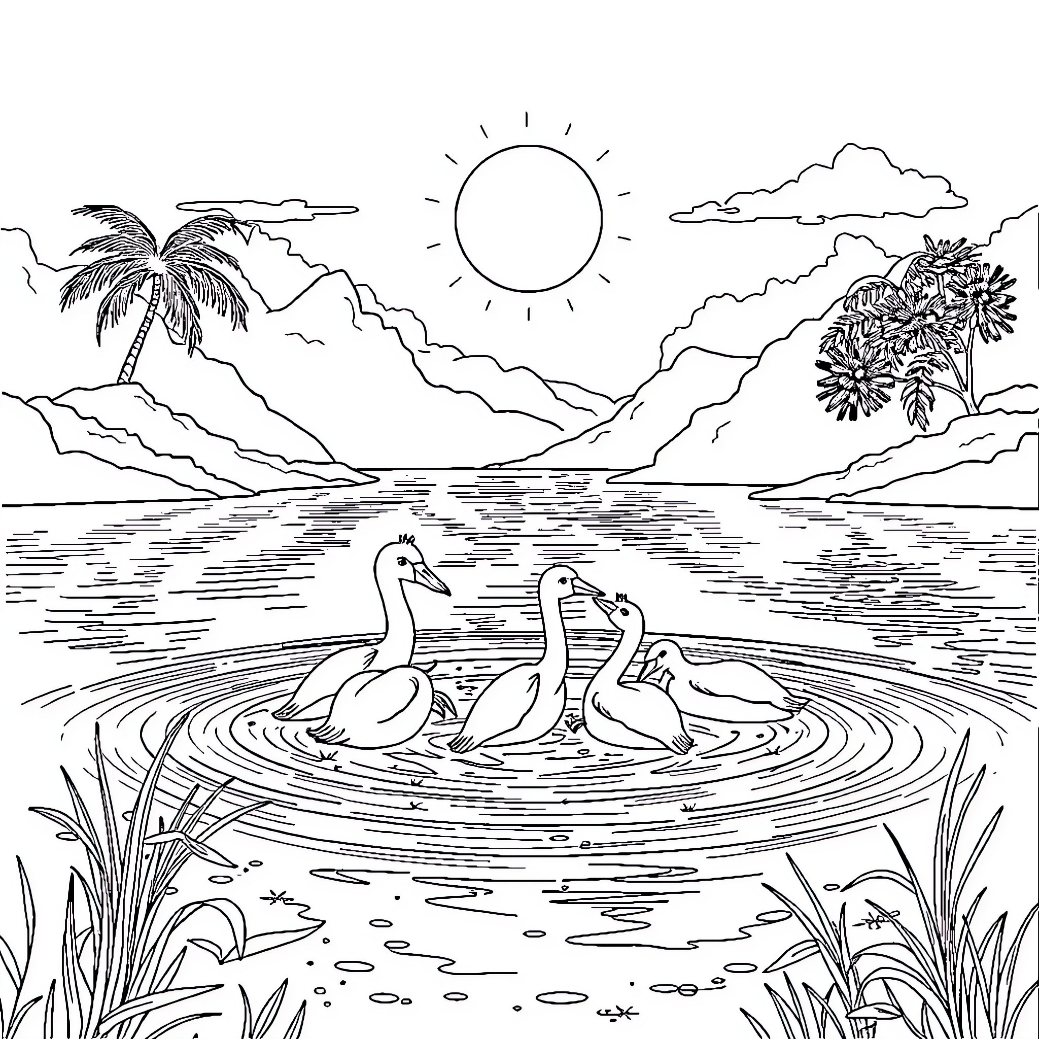 Animal family swimming in serene lake Coloring Page (free black-and-white line drawing printable PDF for all, from beginners to advanced learners, including children, teens, adults, and seniors)