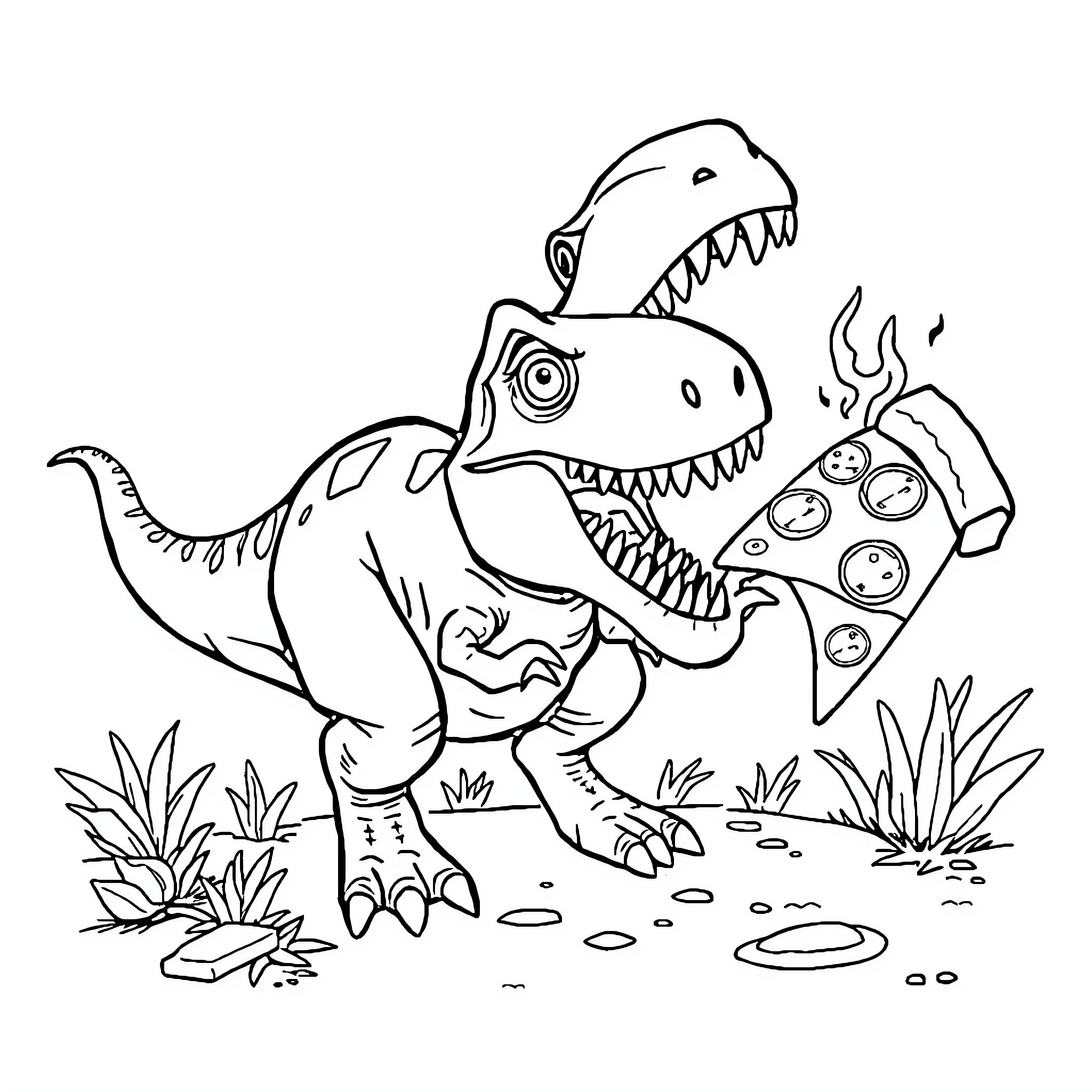 Dinosaur hunting for tasty insects in the wild Coloring Page (free black-and-white line drawing printable PDF for all, from beginners to advanced learners, including children, teens, adults, and seniors)