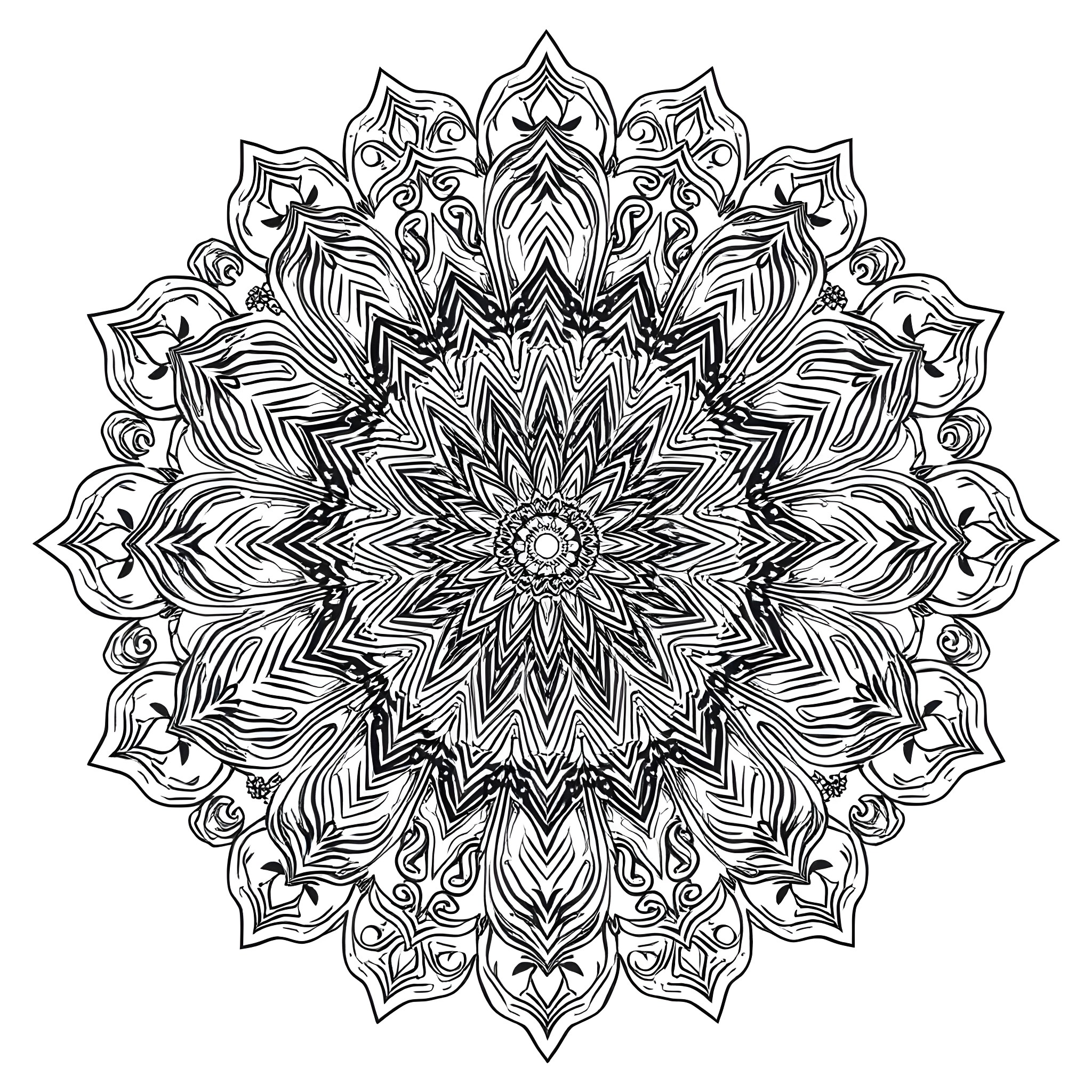 Mandala with intricate floral patterns Coloring Page (free black-and-white line drawing printable PDF for all, from beginners to advanced learners, including children, teens, adults, and seniors)