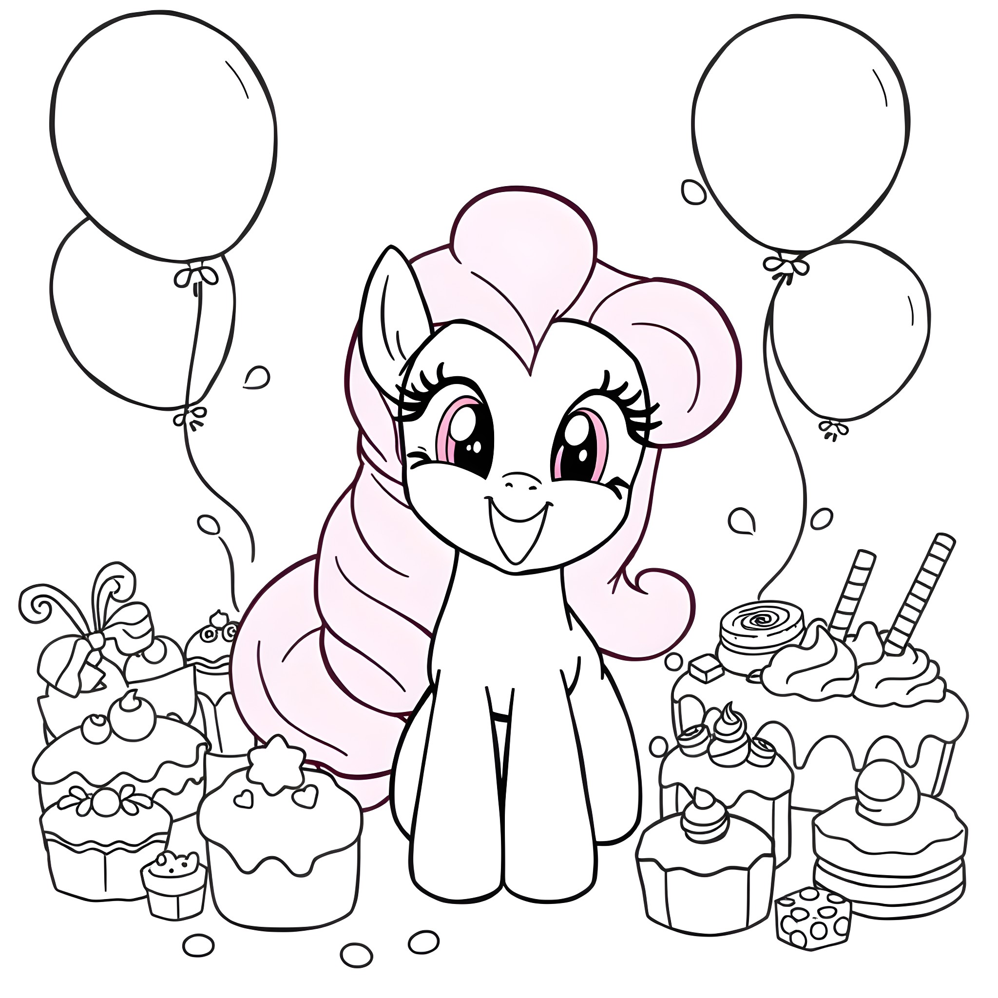 Pinkie Pie celebrates with balloons and treats Coloring Page (free black-and-white line drawing printable PDF for all, from beginners to advanced learners, including children, teens, adults, and seniors)