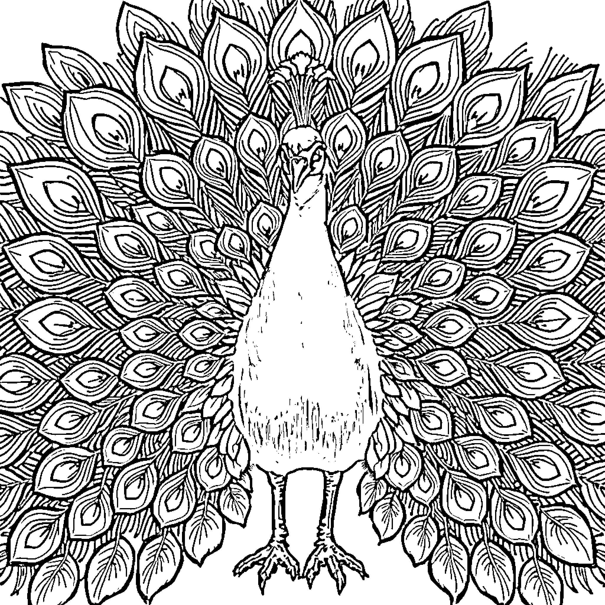 Peacock displaying its majestic feathers Coloring Page (free black-and-white line drawing printable PDF for all, from beginners to advanced learners, including children, teens, adults, and seniors)