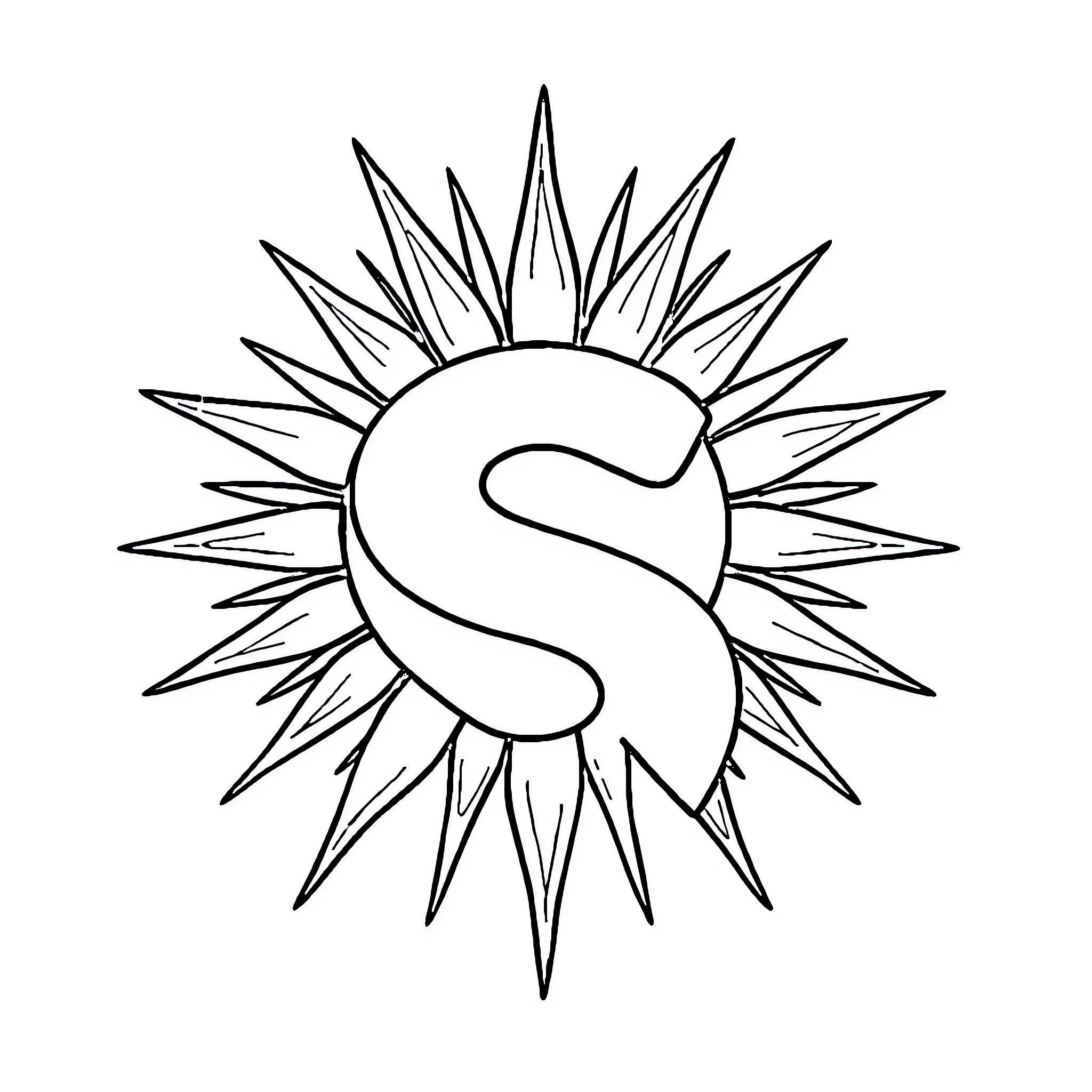 Letter S shining bright star design Coloring Page (free black-and-white line drawing printable PDF for all, from beginners to advanced learners, including children, teens, adults, and seniors)