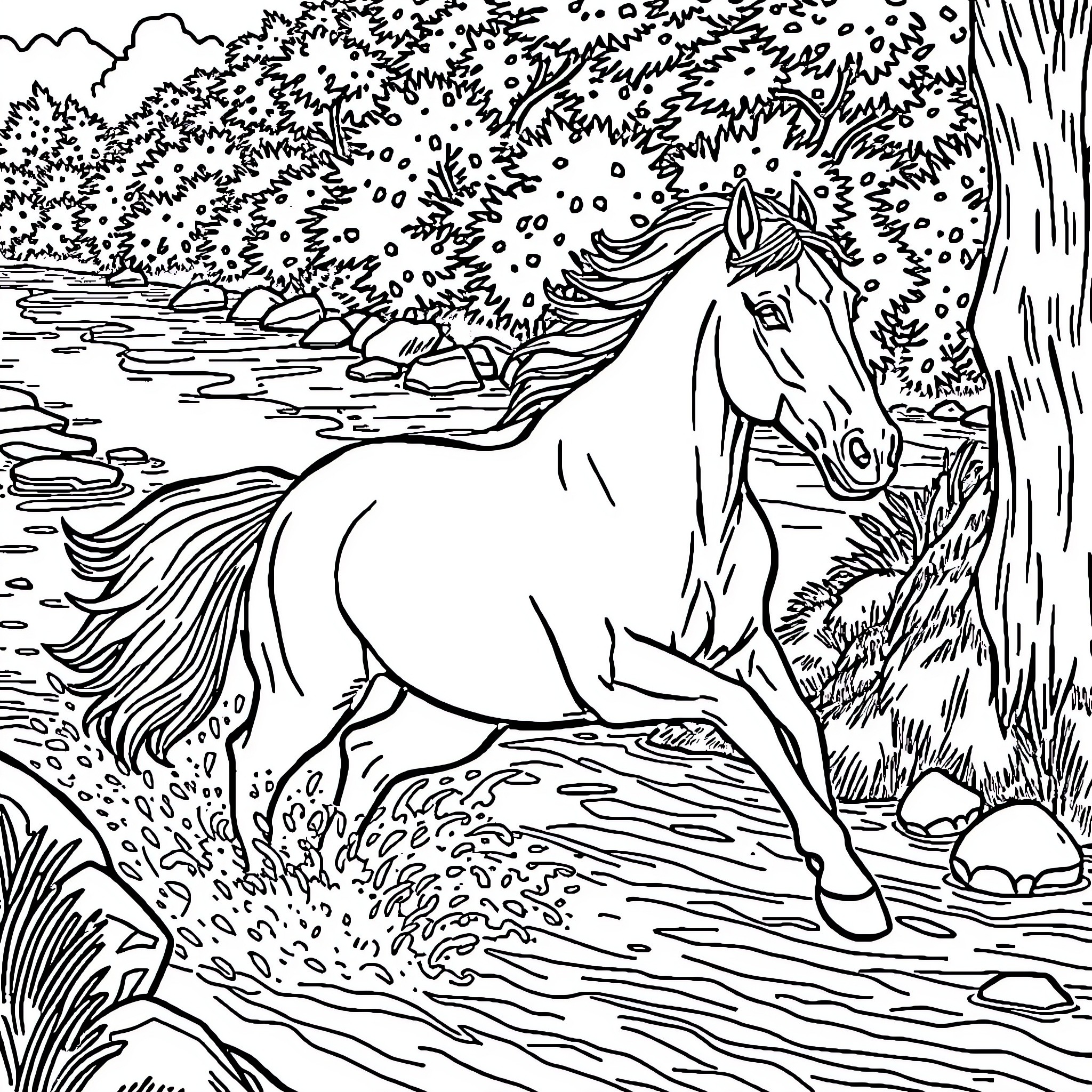 Horse galloping through lush forest landscape Coloring Page (free black-and-white line drawing printable PDF for all, from beginners to advanced learners, including children, teens, adults, and seniors)