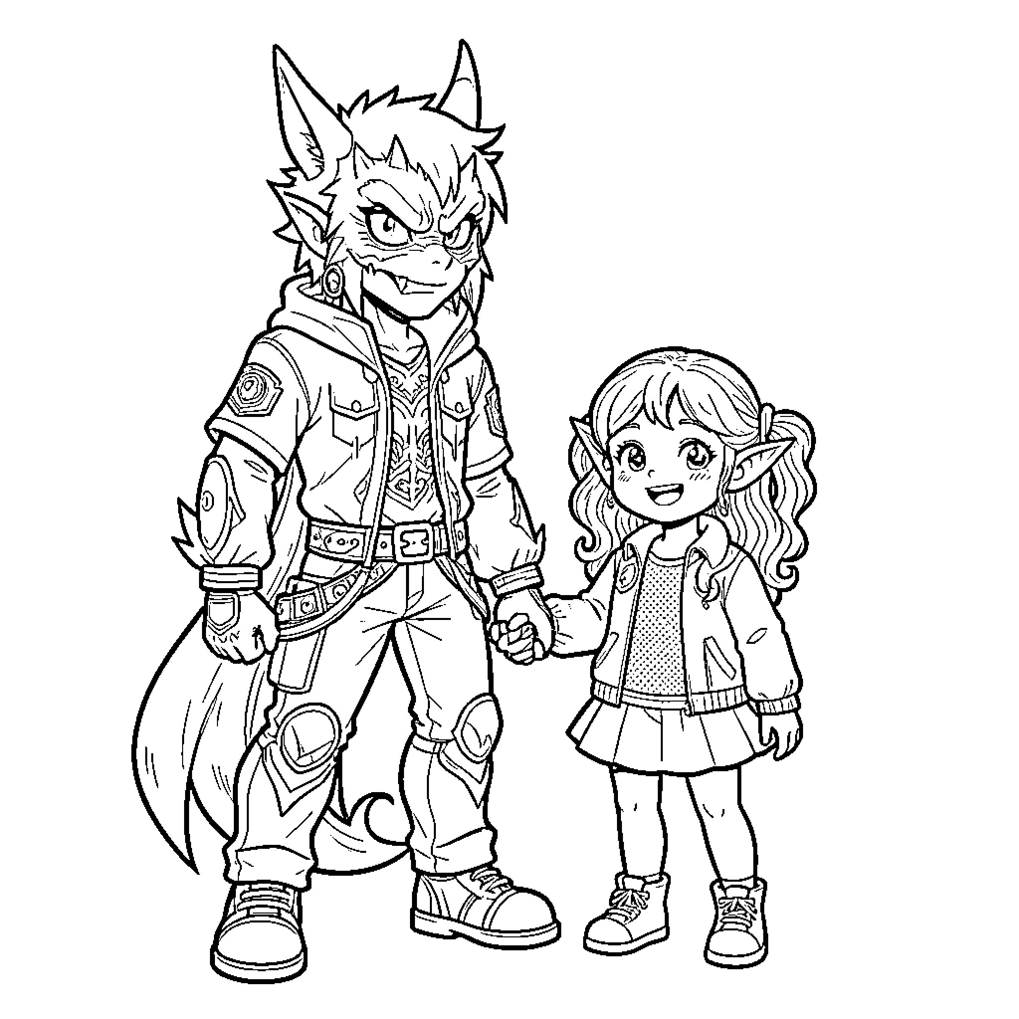 Demon characters in whimsical adventure Coloring Page (free black-and-white line drawing printable PDF for all, from beginners to advanced learners, including children, teens, adults, and seniors)