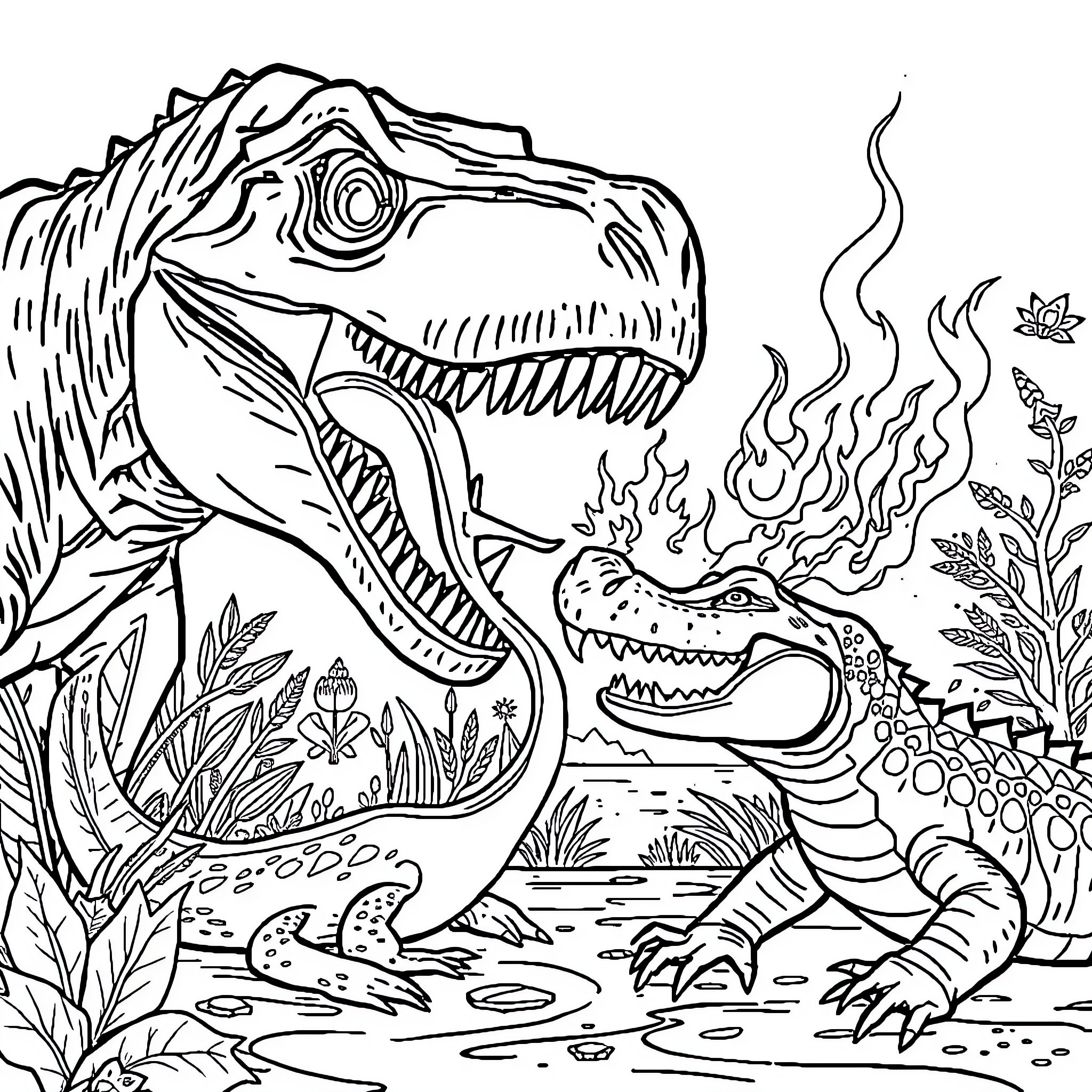 Dinosaur in fierce battle with predator in the jungle Coloring Page (free black-and-white line drawing printable PDF for all, from beginners to advanced learners, including children, teens, adults, and seniors)