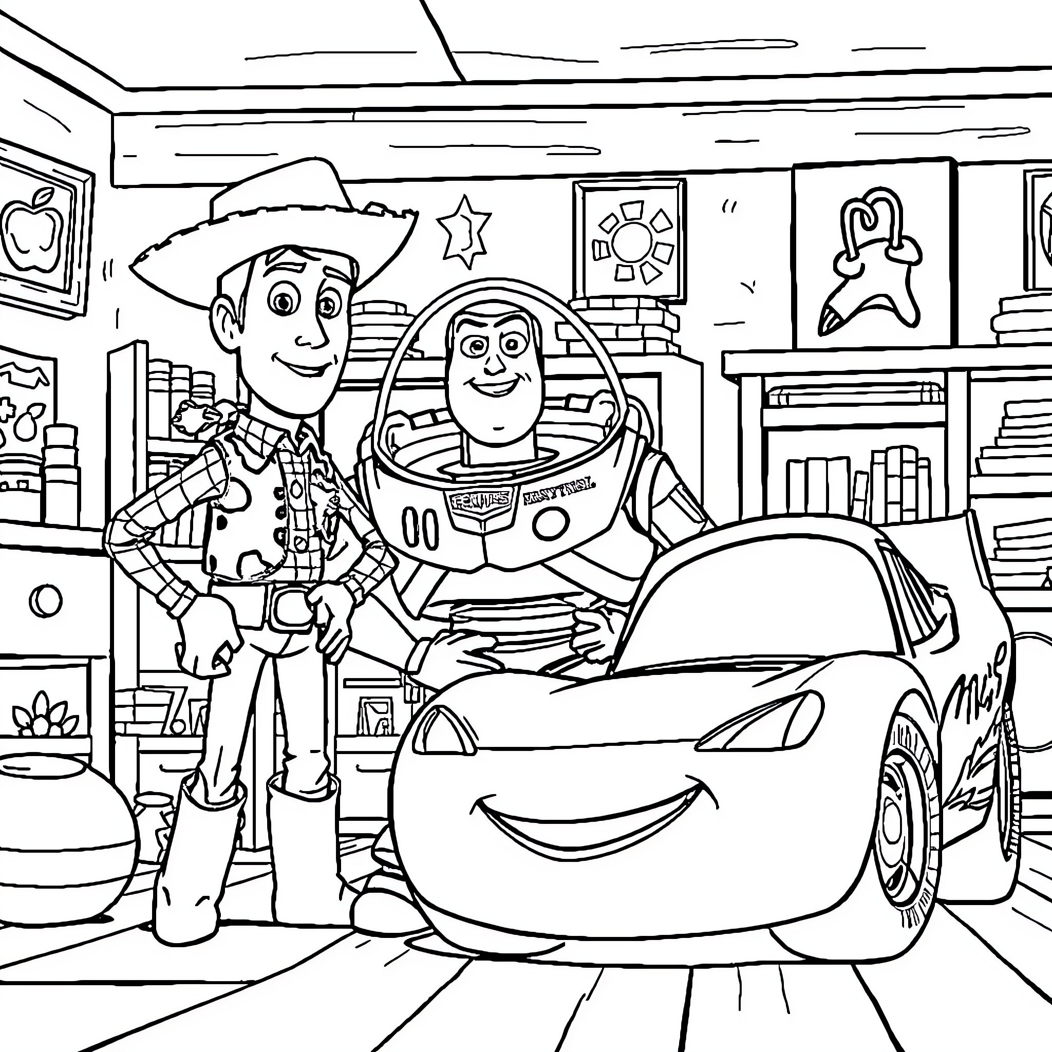 Toy characters in adventure scene Coloring Page (free black-and-white line drawing printable PDF for all, from beginners to advanced learners, including children, teens, adults, and seniors)