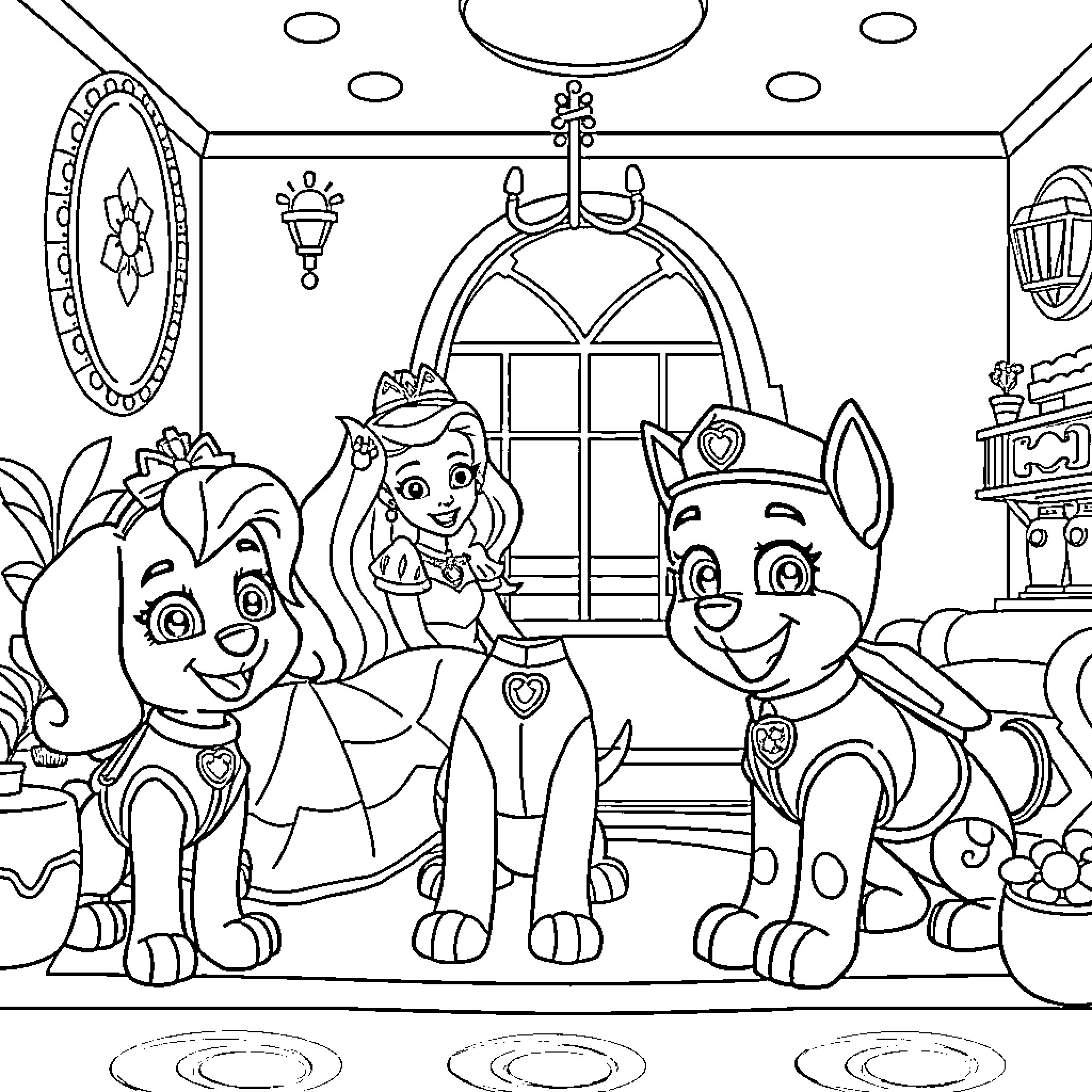 Paw Patrol Characters in Fancy Costumes Coloring Page (free black-and-white line drawing printable PDF for all, from beginners to advanced learners, including children, teens, adults, and seniors)