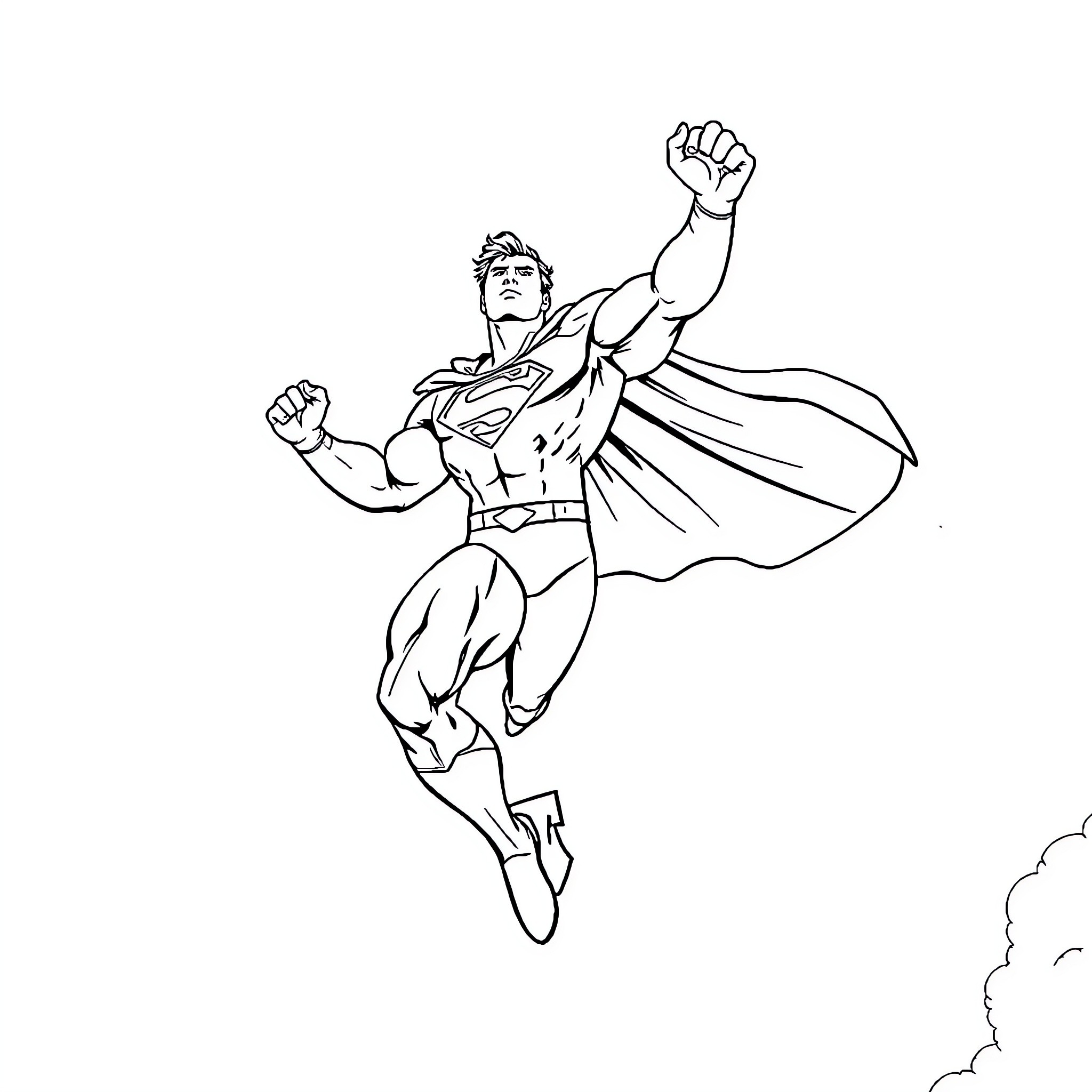 Superman soaring through the sky in action pose Coloring Page (free black-and-white line drawing printable PDF for all, from beginners to advanced learners, including children, teens, adults, and seniors)