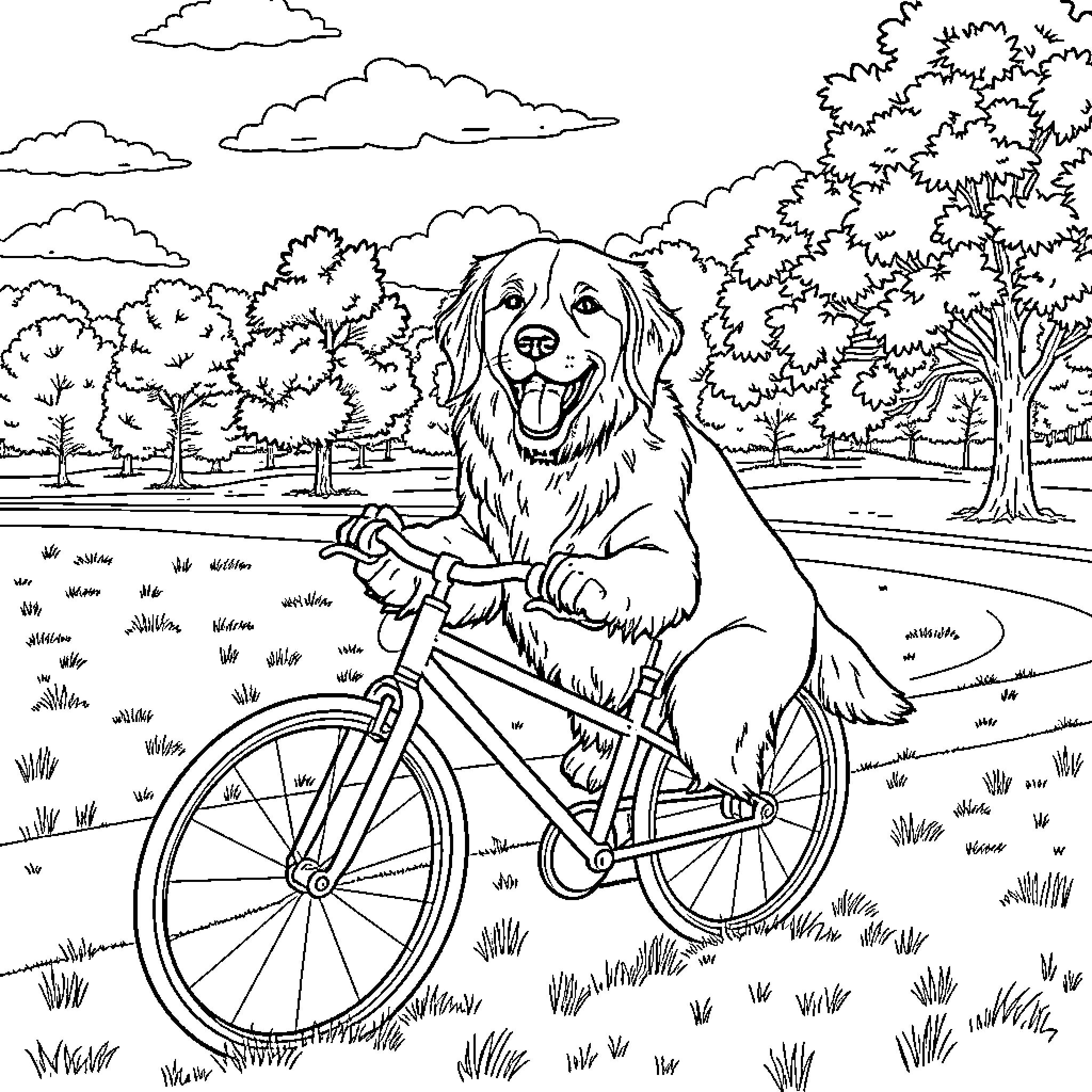 Golden Retriever riding a bicycle in the park Coloring Page (free black-and-white line drawing printable PDF for all, from beginners to advanced learners, including children, teens, adults, and seniors)