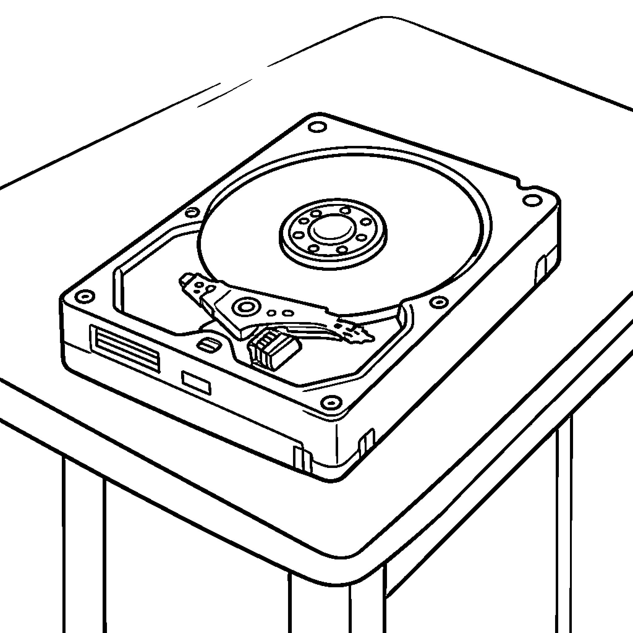 Hard Disk resting on a tabletop surface Coloring Page (free black-and-white line drawing printable PDF for all, from beginners to advanced learners, including children, teens, adults, and seniors)