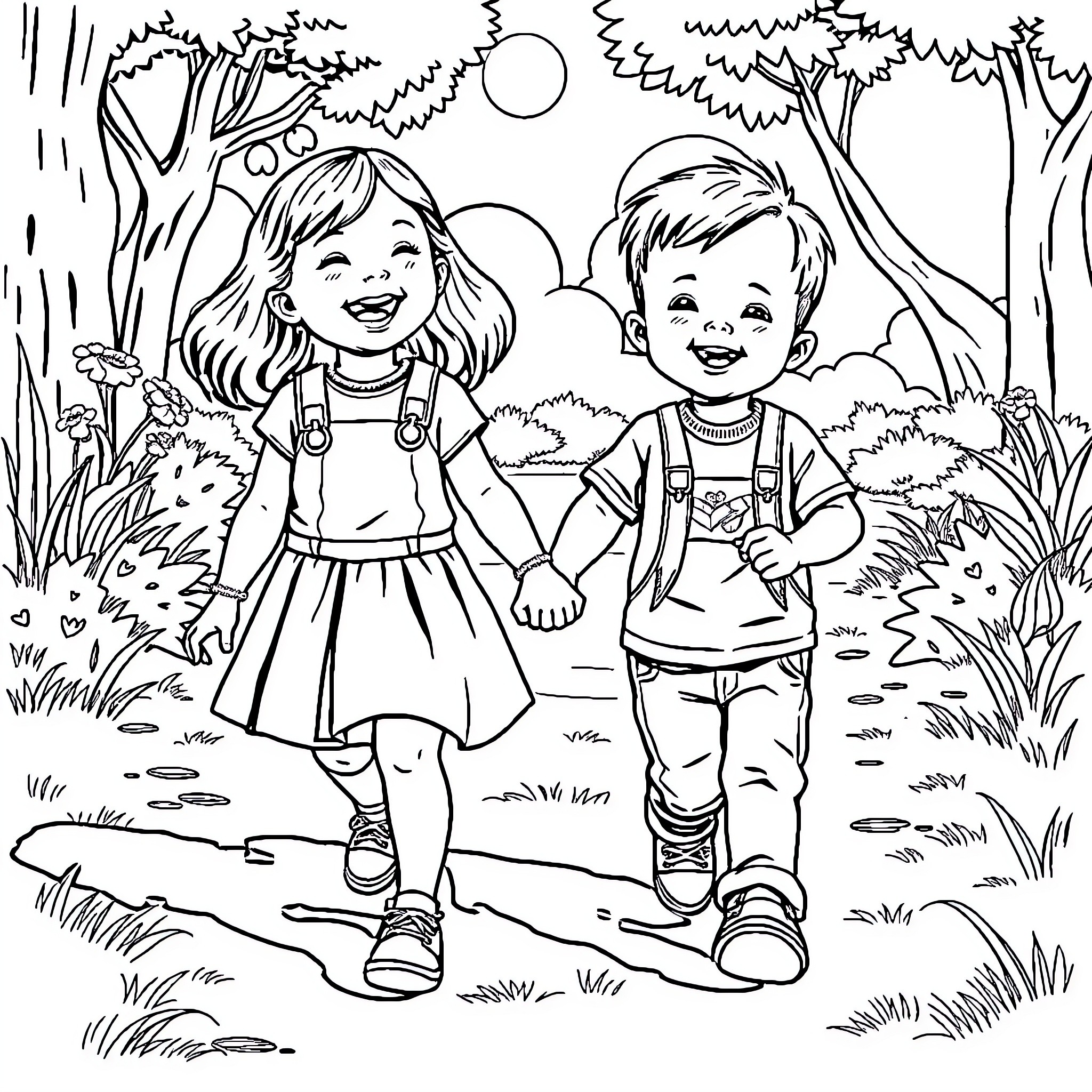 Child friends exploring the forest Coloring Page (free black-and-white line drawing printable PDF for all, from beginners to advanced learners, including children, teens, adults, and seniors)