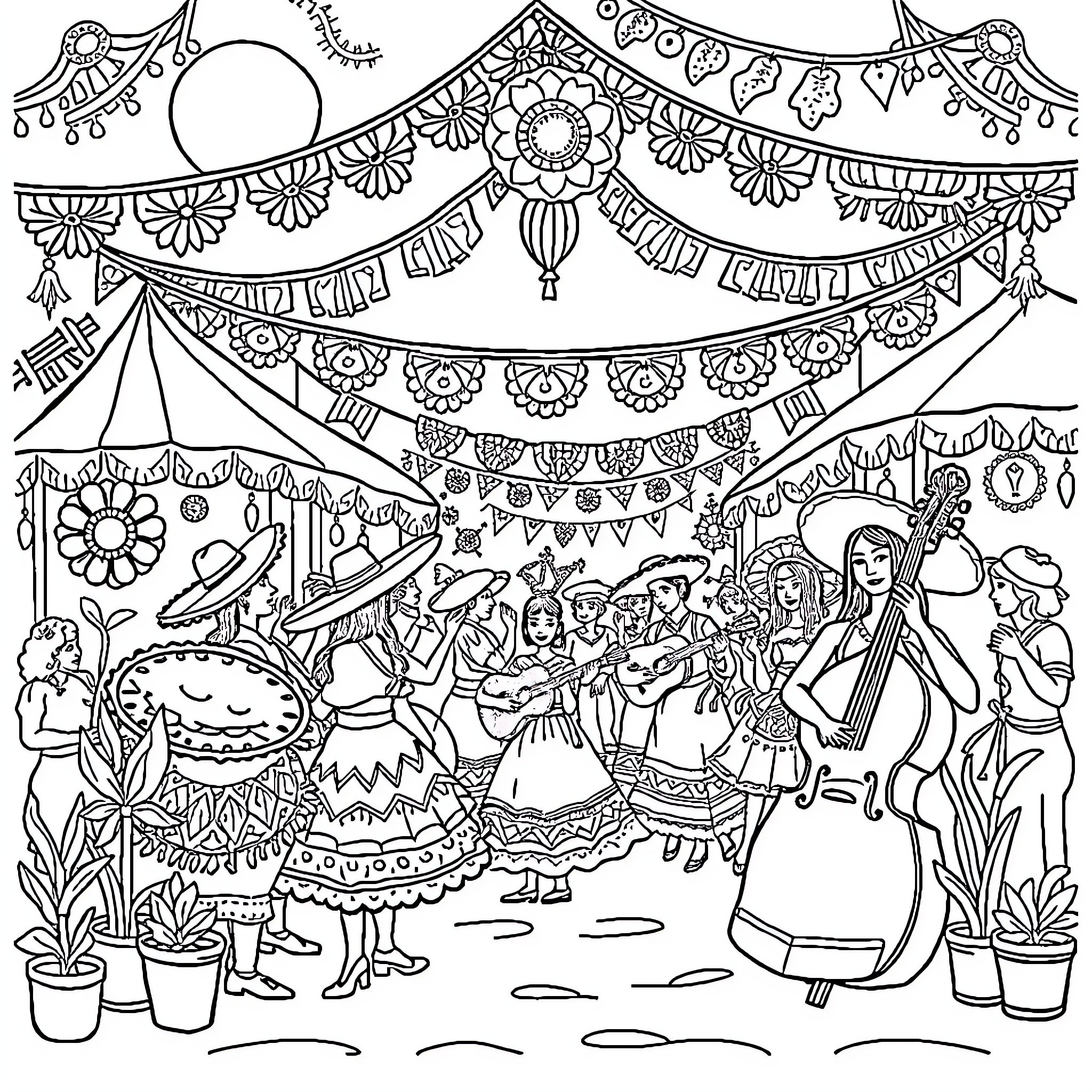 Mexican Festive Celebration with Vibrant Decorations Coloring Page (free black-and-white line drawing printable PDF for all, from beginners to advanced learners, including children, teens, adults, and seniors)