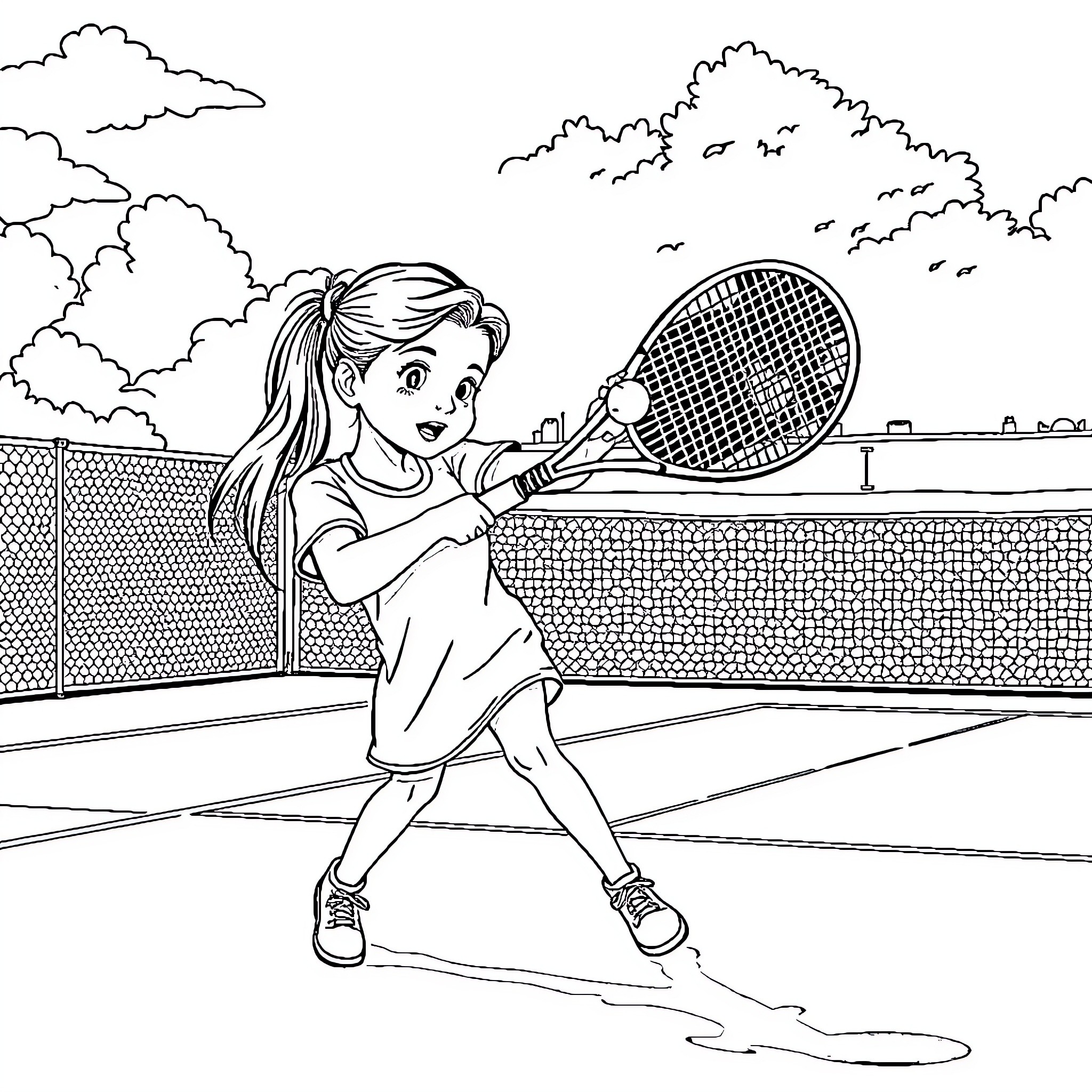 Girl playing tennis on the court Coloring Page (free black-and-white line drawing printable PDF for all, from beginners to advanced learners, including children, teens, adults, and seniors)