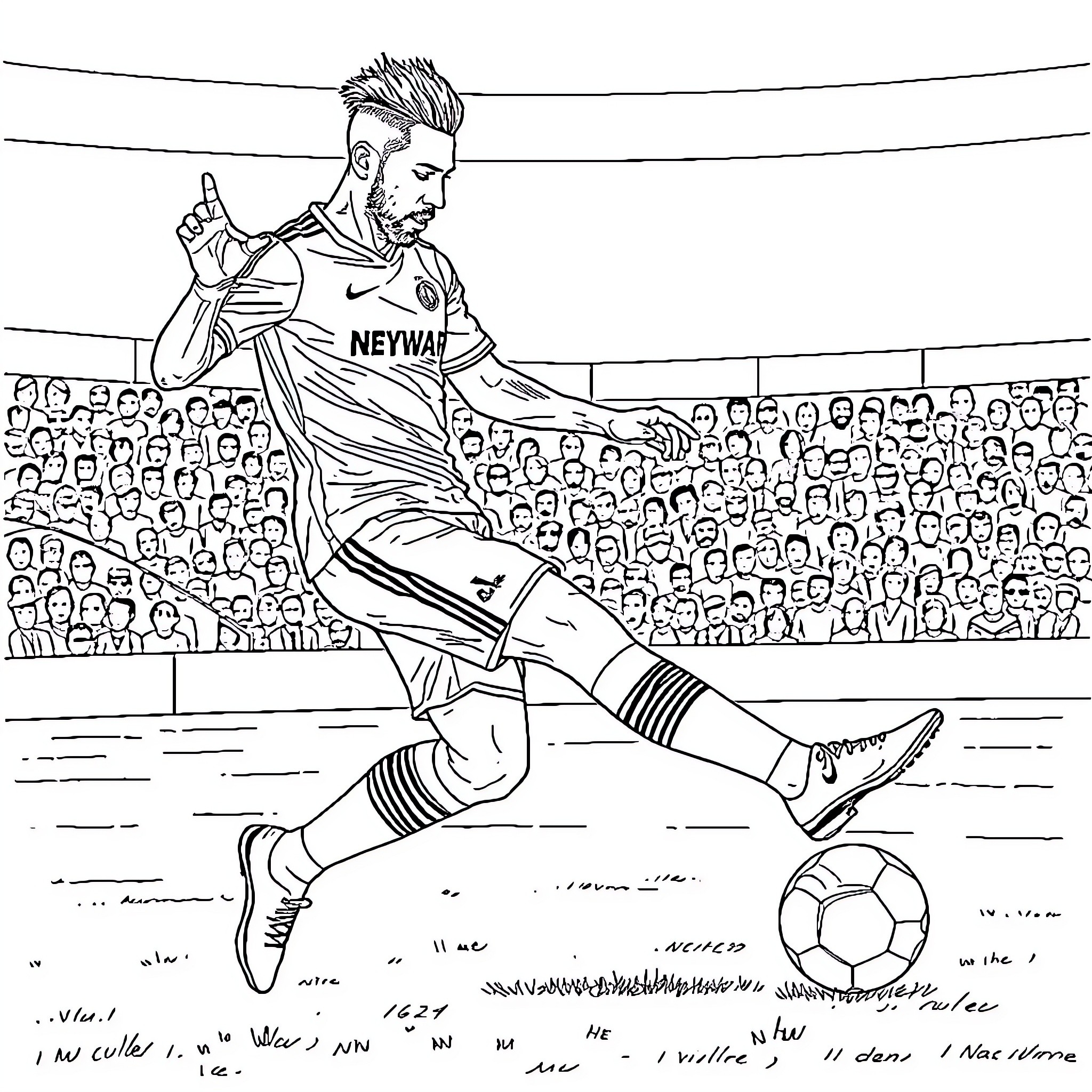 Neymar in action on the soccer field Coloring Page (free black-and-white line drawing printable PDF for all, from beginners to advanced learners, including children, teens, adults, and seniors)