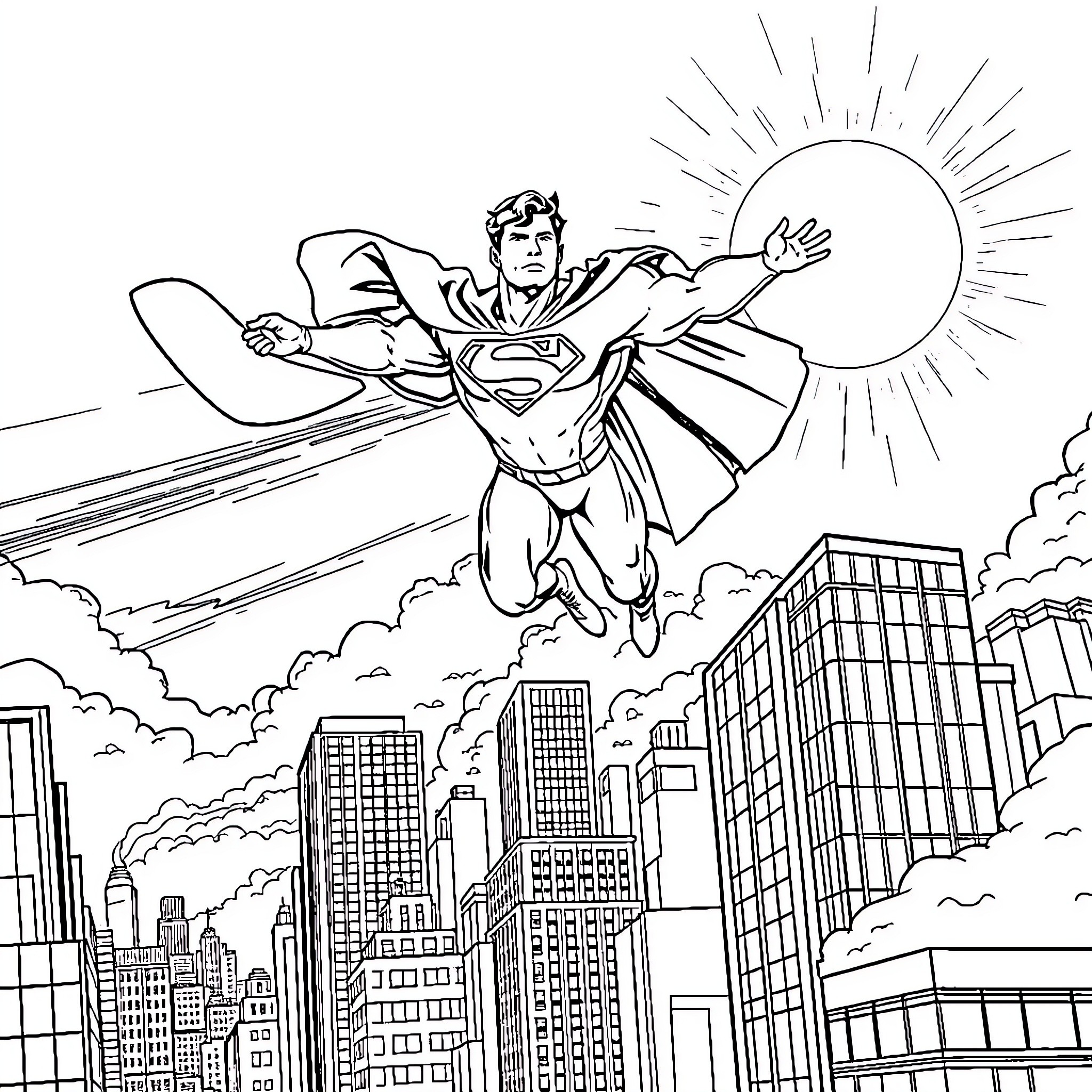 Superman soaring heroically over the city Coloring Page (free black-and-white line drawing printable PDF for all, from beginners to advanced learners, including children, teens, adults, and seniors)