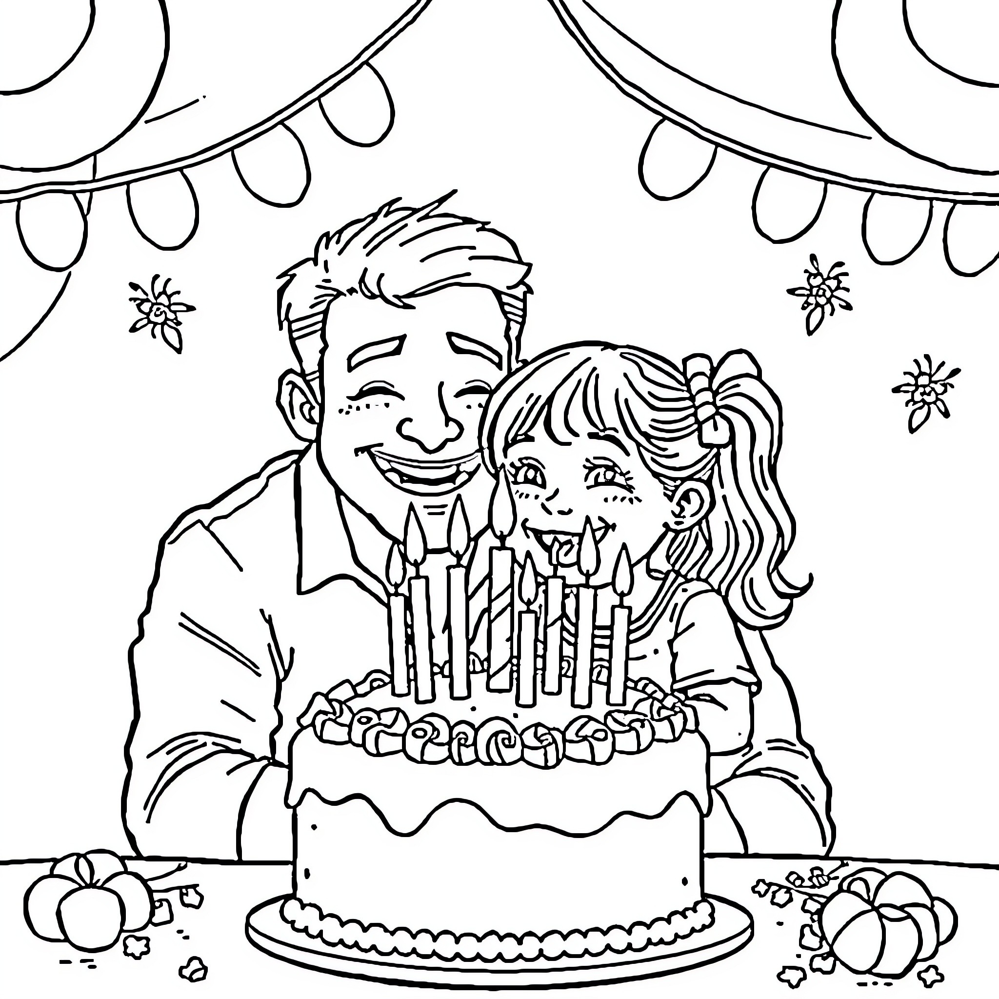 Daddy and daughter celebrate birthday together Coloring Page (free black-and-white line drawing printable PDF for all, from beginners to advanced learners, including children, teens, adults, and seniors)