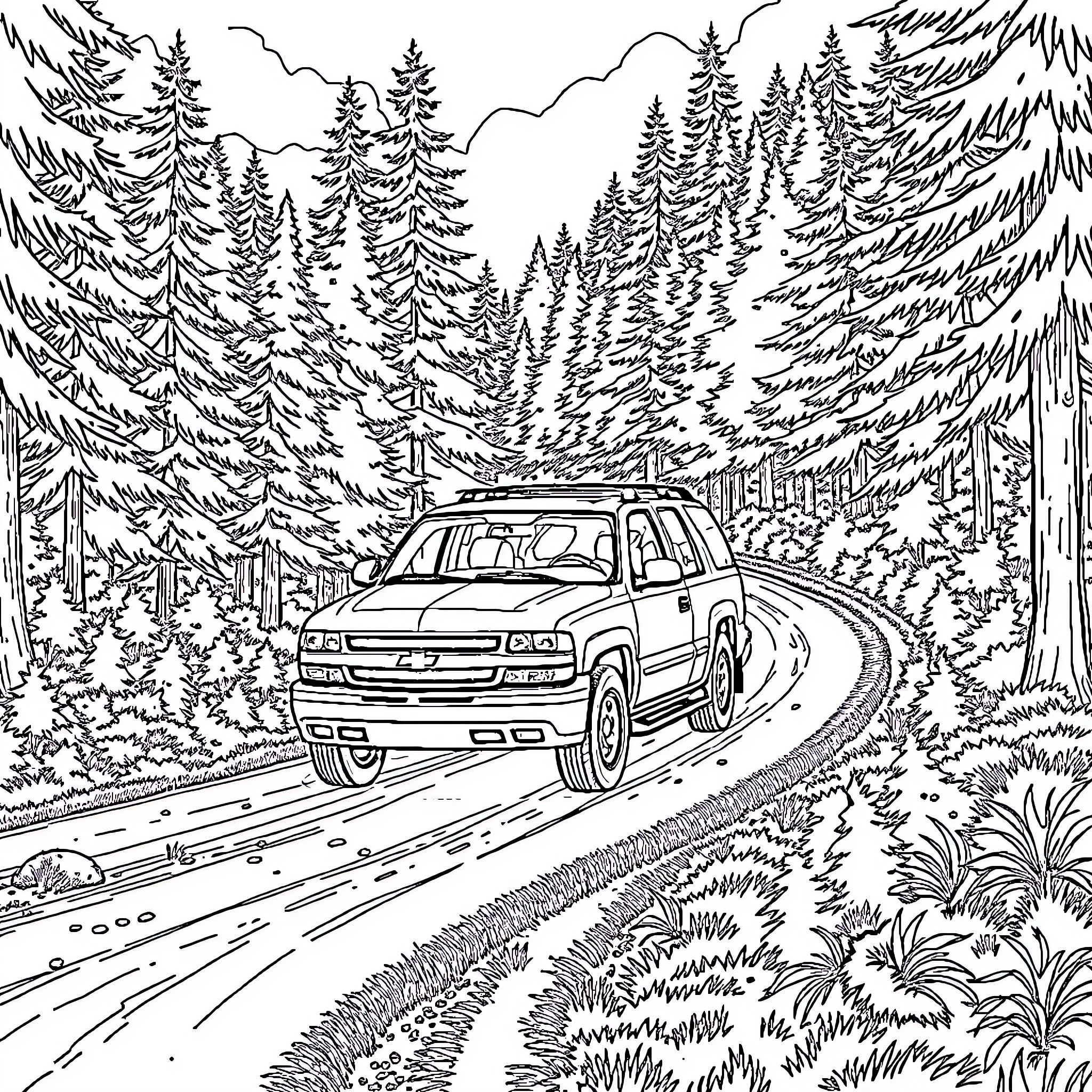 Chevrolet Tahoe driving through a scenic forest landscape Coloring Page (free black-and-white line drawing printable PDF for all, from beginners to advanced learners, including children, teens, adults, and seniors)
