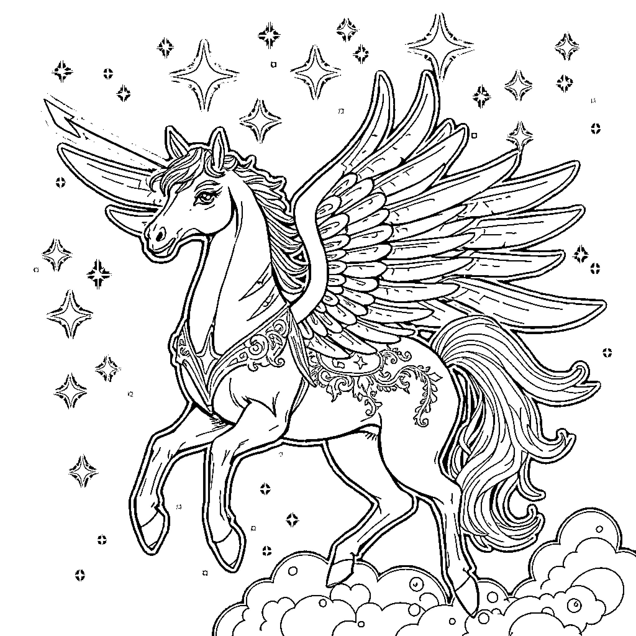 Pegasus Armor Soaring Through Celestial Wonderland Coloring Page (free black-and-white line drawing printable PDF for all, from beginners to advanced learners, including children, teens, adults, and seniors)