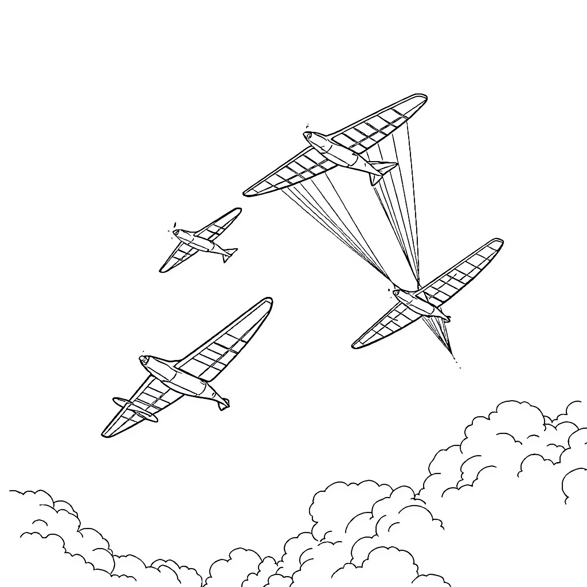 Paracaídas en el cielo Coloring Page (free black-and-white line drawing printable PDF for all, from beginners to advanced learners, including children, teens, adults, and seniors)