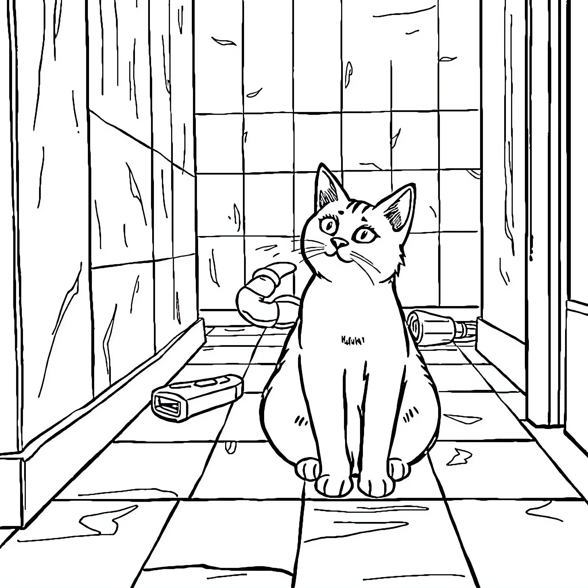 Cat exploring a messy room Coloring Page (free black-and-white line drawing printable PDF for all, from beginners to advanced learners, including children, teens, adults, and seniors)