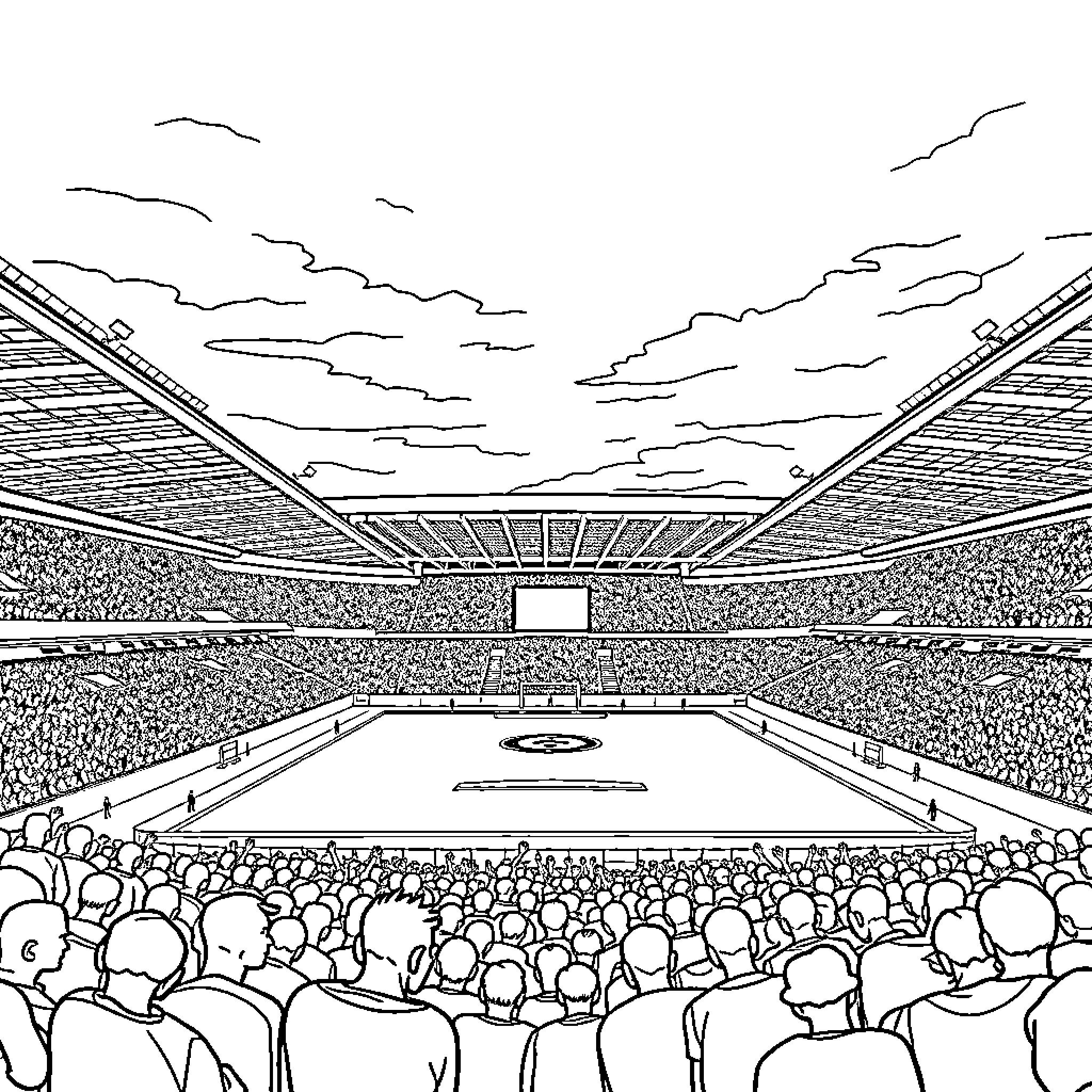 Stadium with Cheering Crowd Watching Event Coloring Page (free black-and-white line drawing printable PDF for all, from beginners to advanced learners, including children, teens, adults, and seniors)