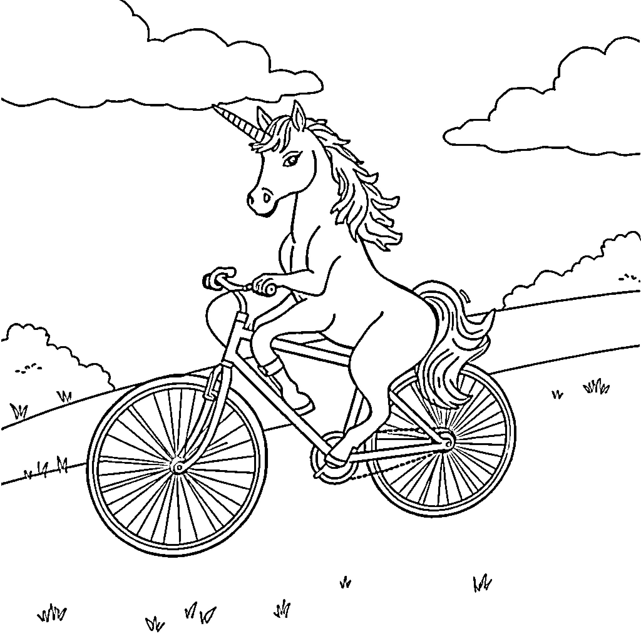 Unicorn riding a bicycle in the countryside Coloring Page (free black-and-white line drawing printable PDF for all, from beginners to advanced learners, including children, teens, adults, and seniors)