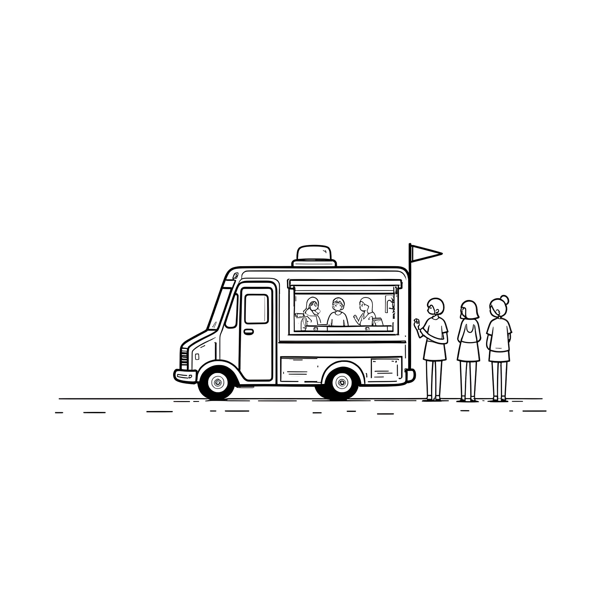 Food Truck serving customers happily Coloring Page (free black-and-white line drawing printable PDF for all, from beginners to advanced learners, including children, teens, adults, and seniors)