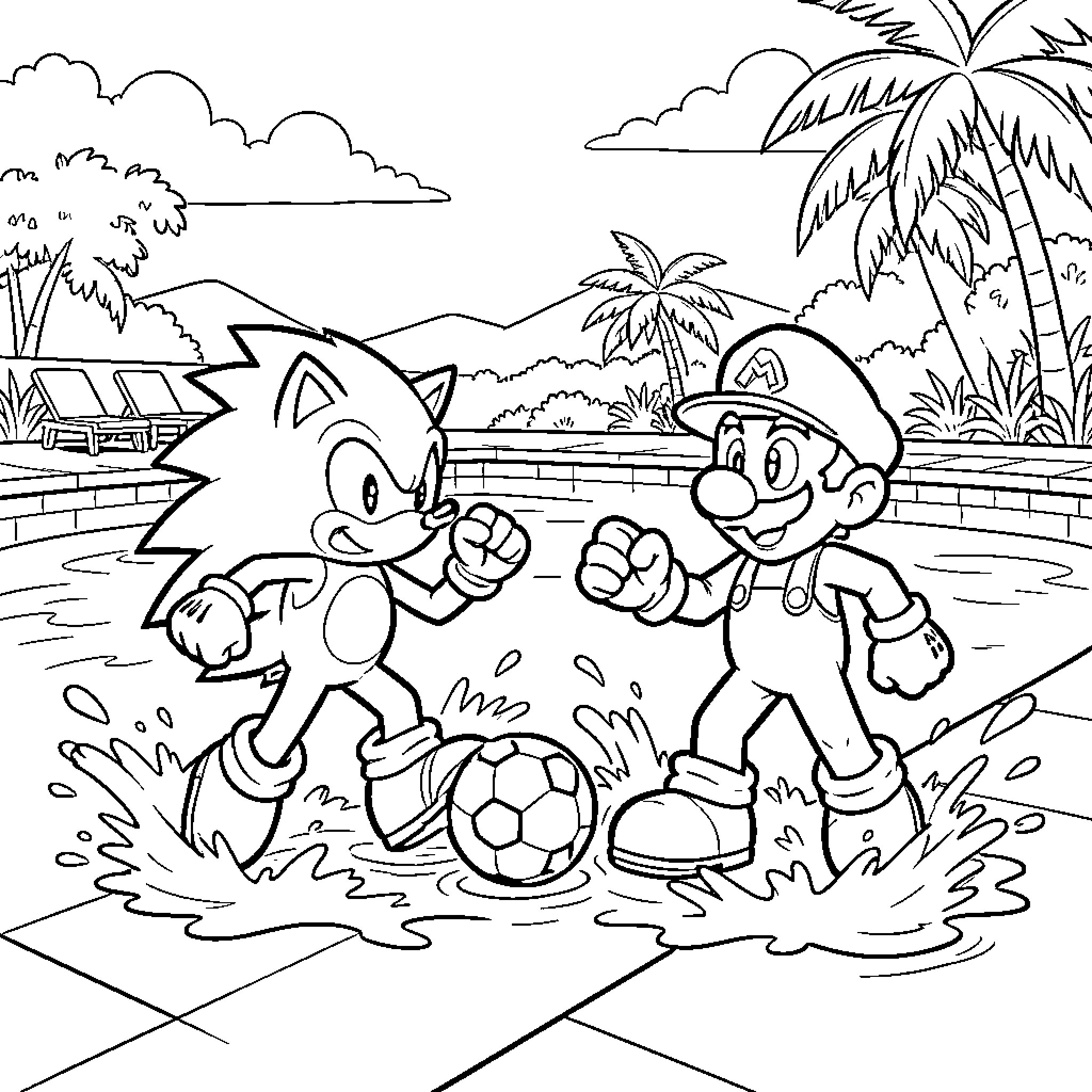 Sonic and Mario playing soccer on the beach Coloring Page (free black-and-white line drawing printable PDF for all, from beginners to advanced learners, including children, teens, adults, and seniors)