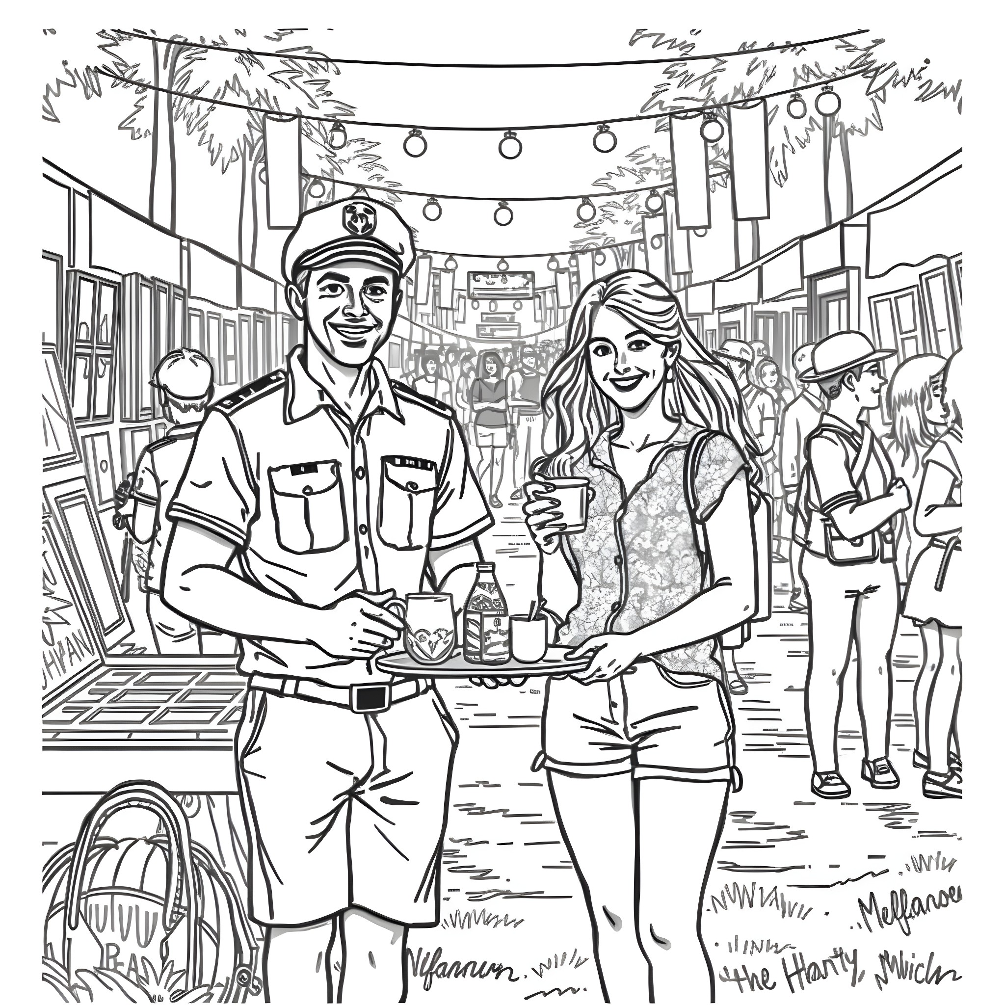 Husband and wife enjoying outdoor festival together Coloring Page (free black-and-white line drawing printable PDF for all, from beginners to advanced learners, including children, teens, adults, and seniors)