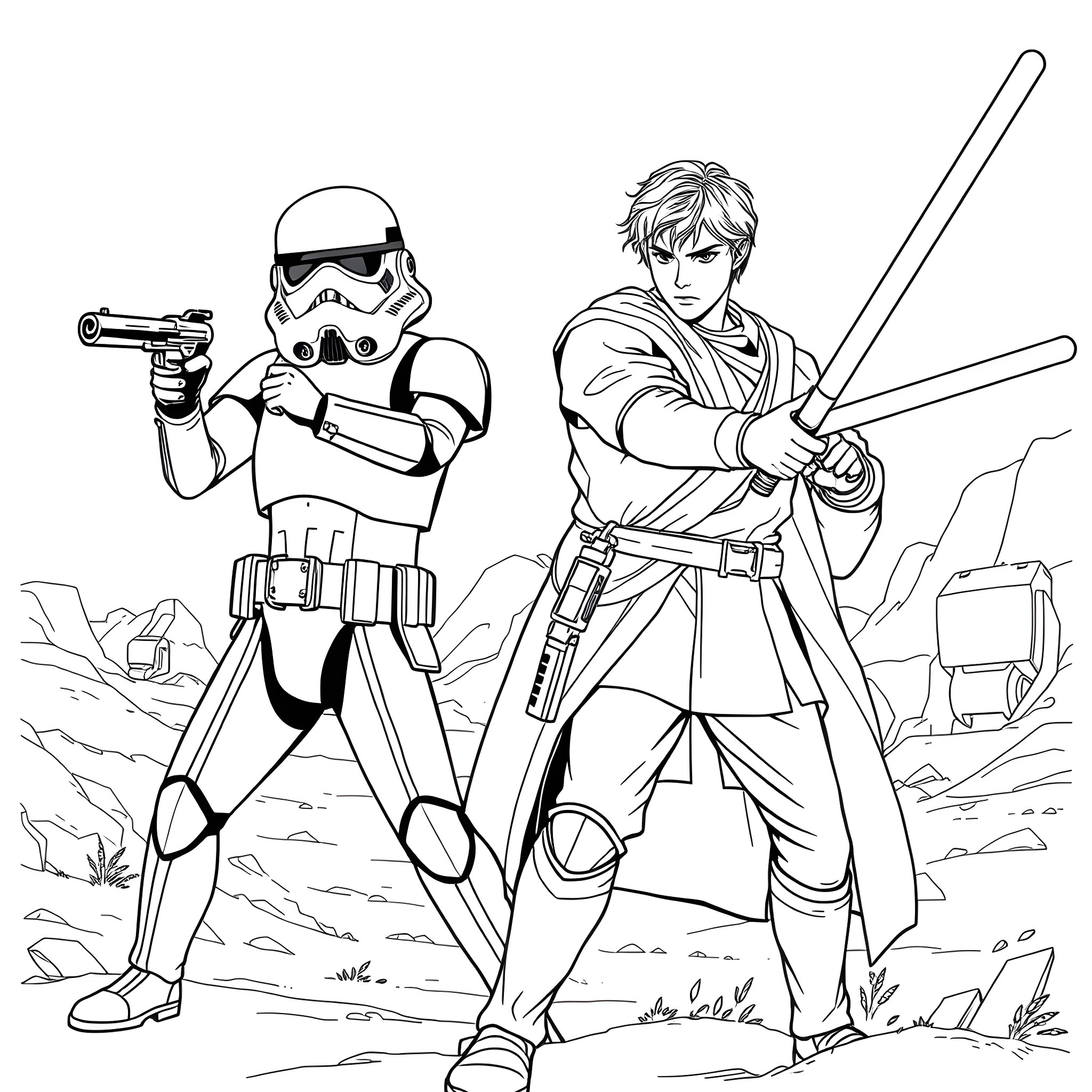 Storm Troopers and Jedi Knight in Battle Coloring Page (free black-and-white line drawing printable PDF for all, from beginners to advanced learners, including children, teens, adults, and seniors)