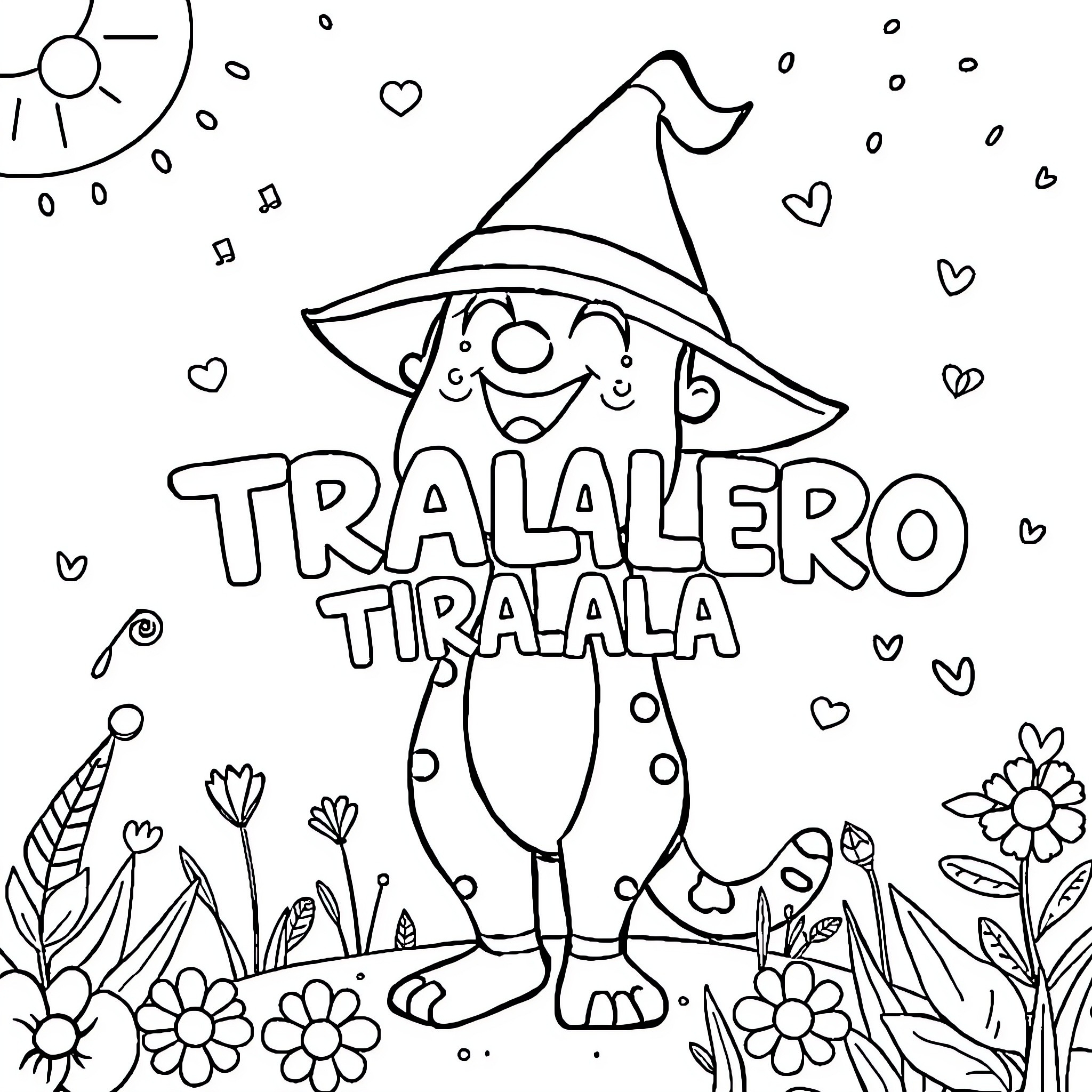Tralalero Tira-ala, a whimsical character in a garden Coloring Page (free black-and-white line drawing printable PDF for all, from beginners to advanced learners, including children, teens, adults, and seniors)